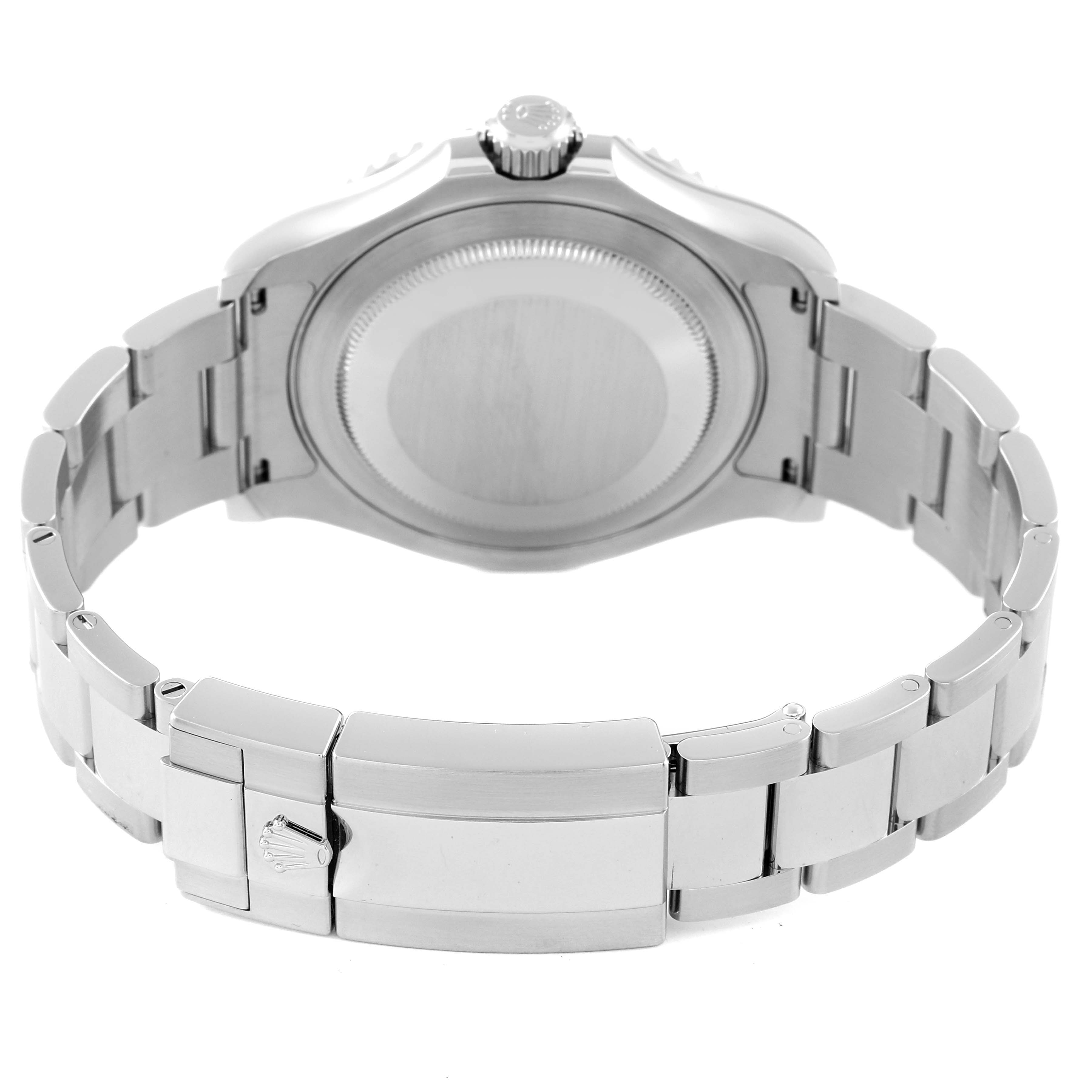 The image shows the back view of a Rolex Yacht-Master 116622 Men
s Stainless Steel Blue Dial 116622 Men
s Stainless Steel Blue Dial watch, highlighting its closed case back and metal bracelet.