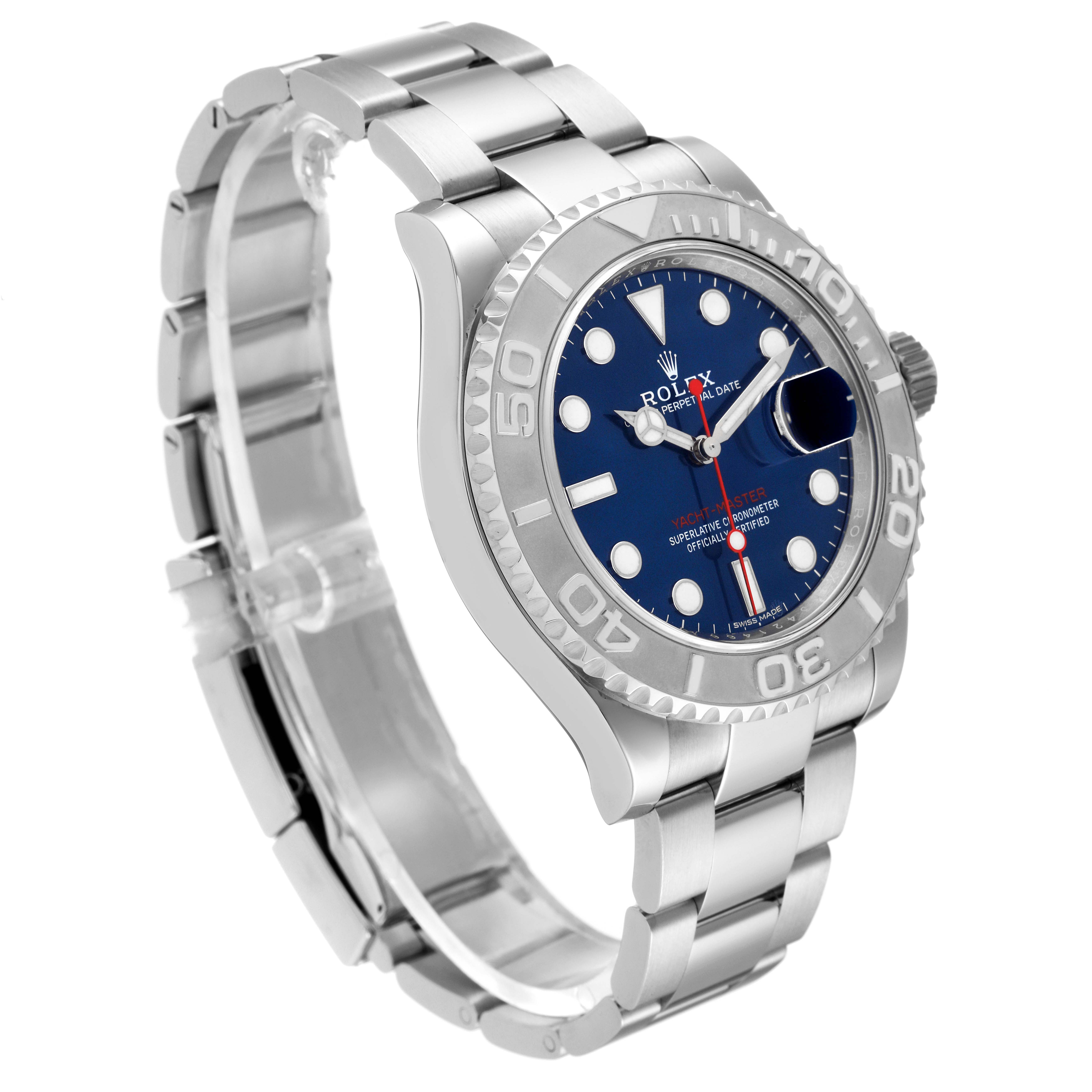 The Rolex Yacht-Master 116622 Men
s Stainless Steel Blue Dial 116622 Men
s Stainless Steel Blue Dial watch is shown at an angled view, highlighting the bracelet, bezel, and face with a blue dial and cyclops lens.