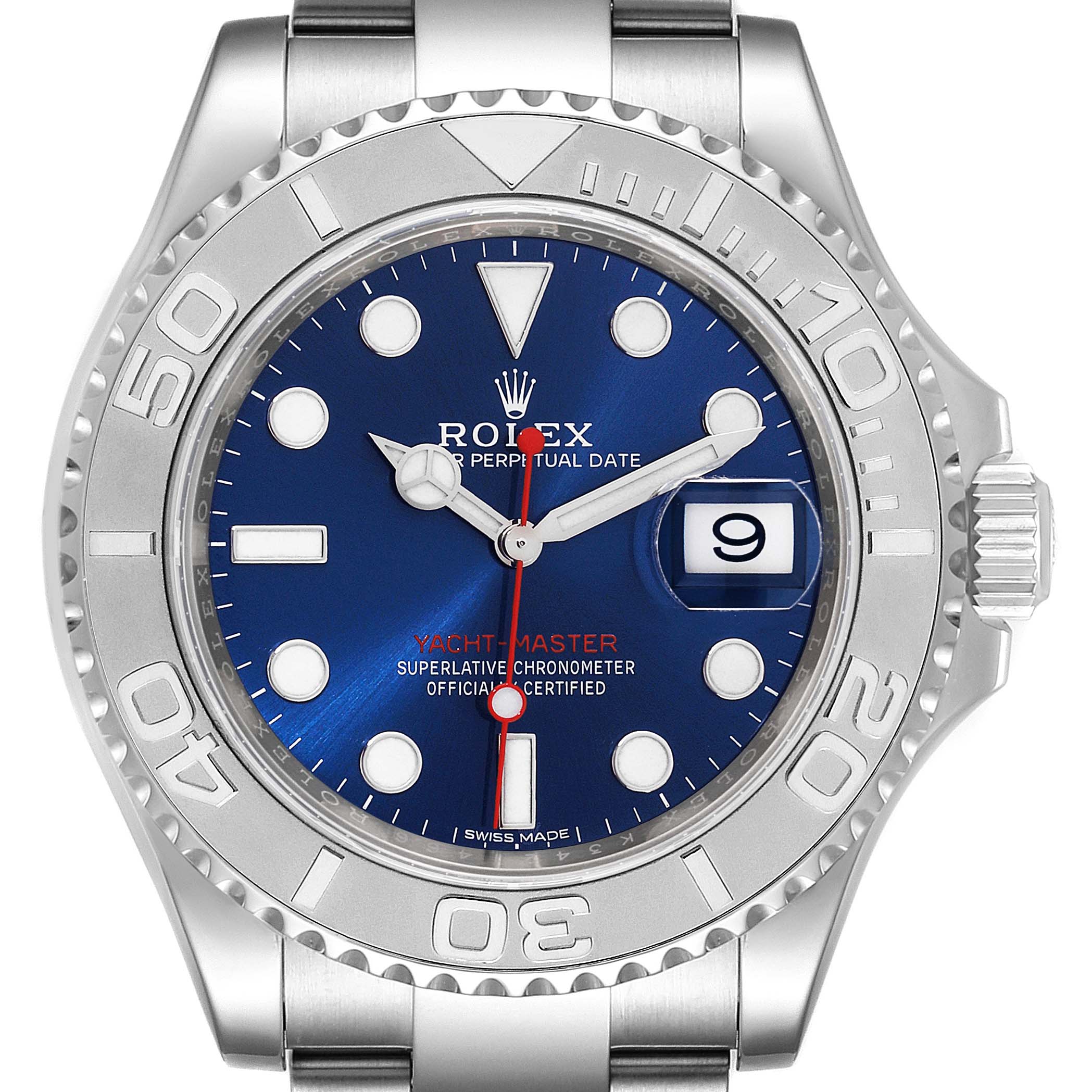 The image shows a front view of the Rolex Yacht-Master 116622 Men
s Stainless Steel Blue Dial 116622 Men
s Stainless Steel Blue Dial watch, displaying the dial, bezel, crown, and part of the bracelet.