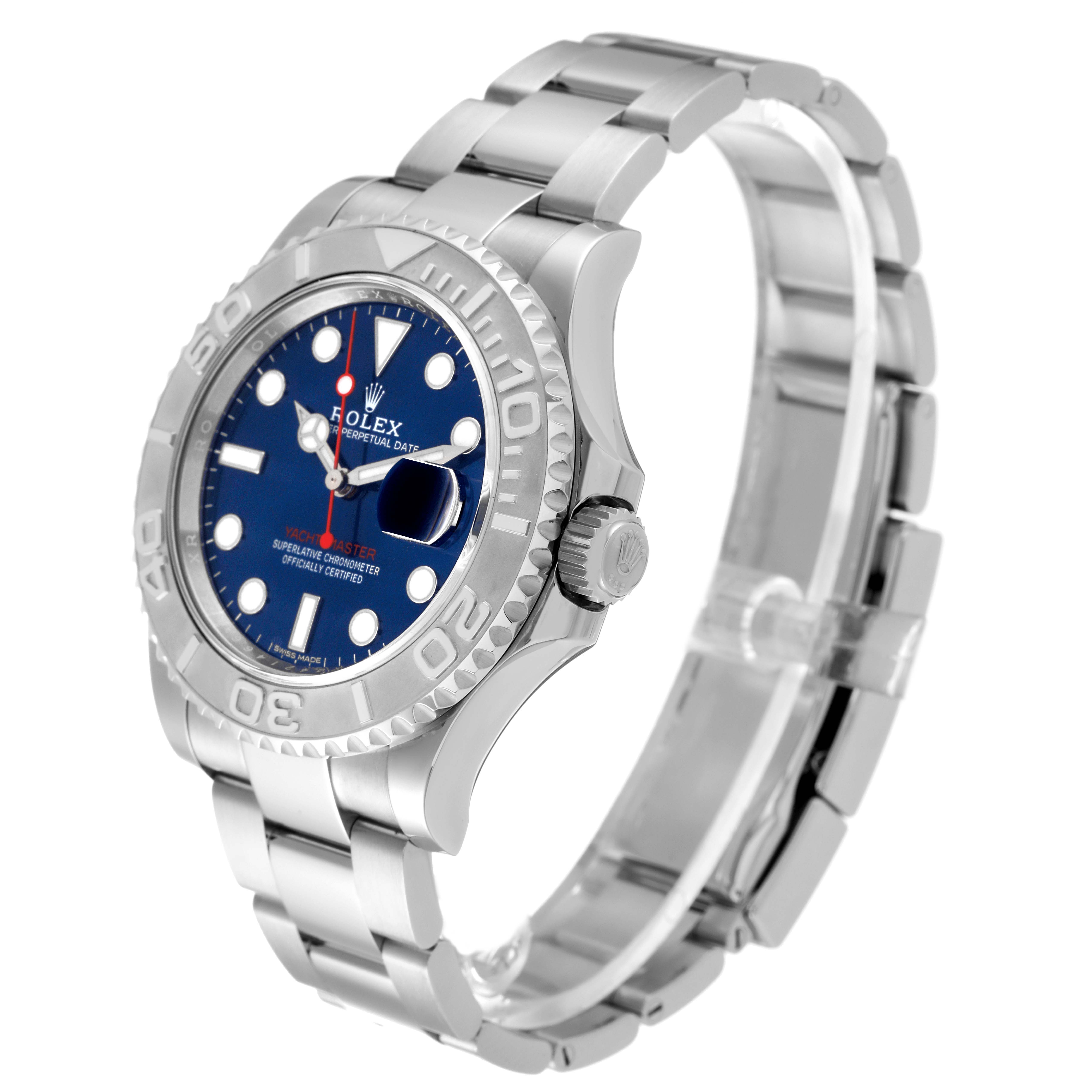 The image shows a side angle of the Rolex Yacht-Master 116622 Men
s Stainless Steel Blue Dial 116622 Men
s Stainless Steel Blue Dial watch, highlighting its bezel, crown, and bracelet.