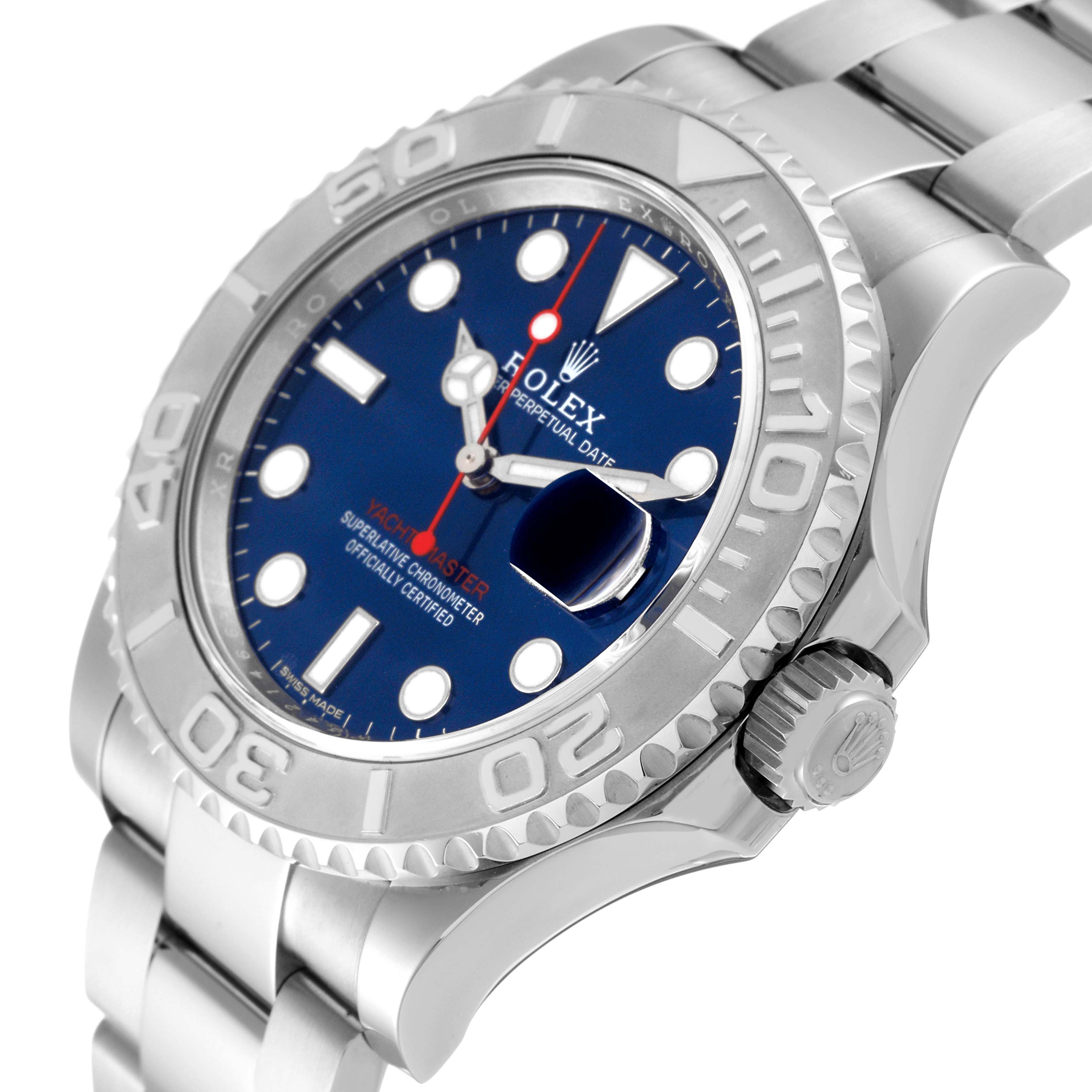 The Rolex Yacht-Master 116622 Men
s Stainless Steel Blue Dial 116622 Men
s Stainless Steel Blue Dial watch is shown at an angle highlighting its bezel, blue dial, crown, and a part of the bracelet.
