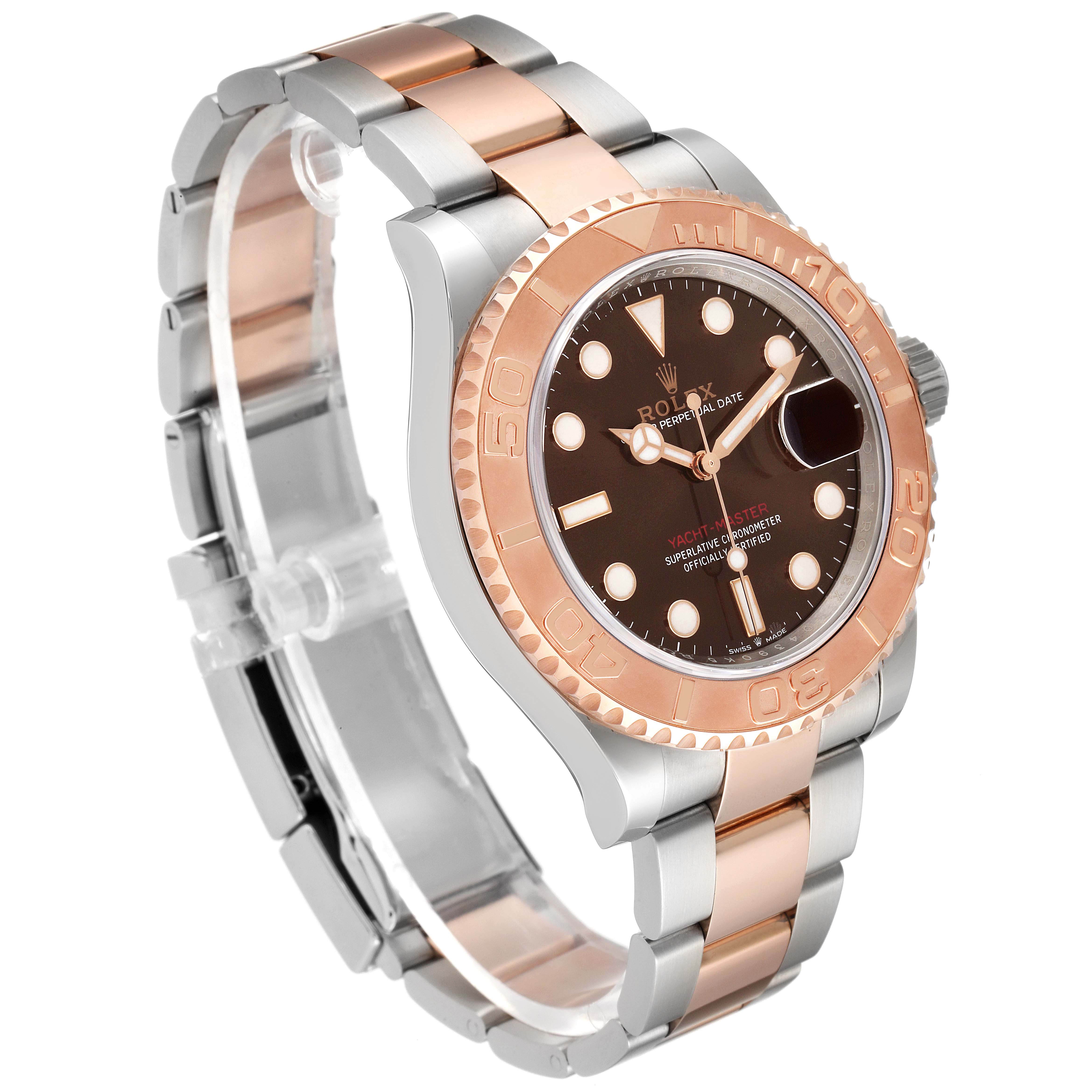 This image shows a Rolex Yacht-Master 126621 Men's Steel and Gold (two tone) Brown Dial 126621 Men's Steel and Gold (two tone) Brown Dial watch at a three-quarter angle, highlighting its rose gold bezel, black dial, and two-tone bracelet.