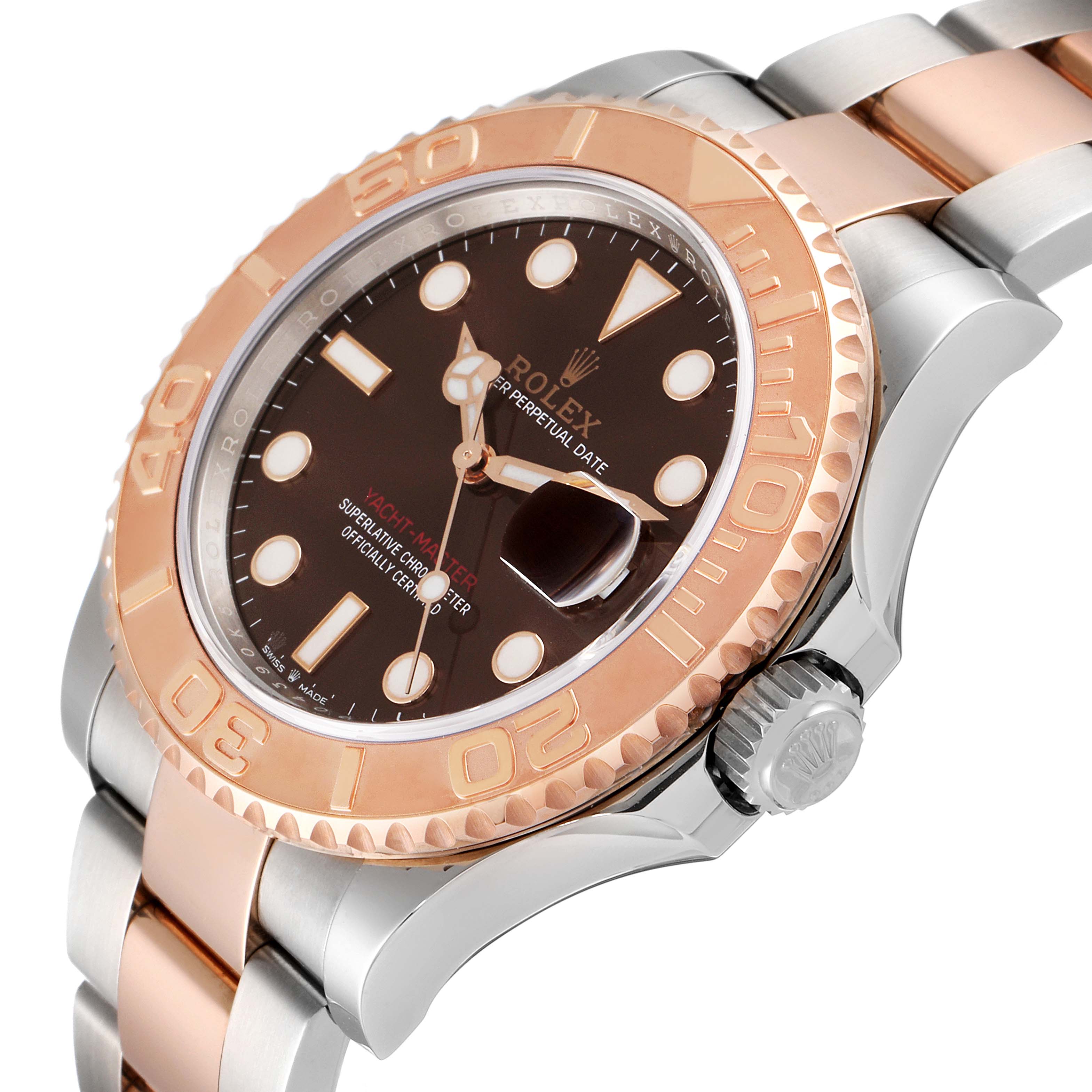 This image shows a side angle of a Rolex Yacht-Master 126621 Men's Steel and Gold (two tone) Brown Dial 126621 Men's Steel and Gold (two tone) Brown Dial watch, highlighting its two-tone bracelet, bezel, and crown.
