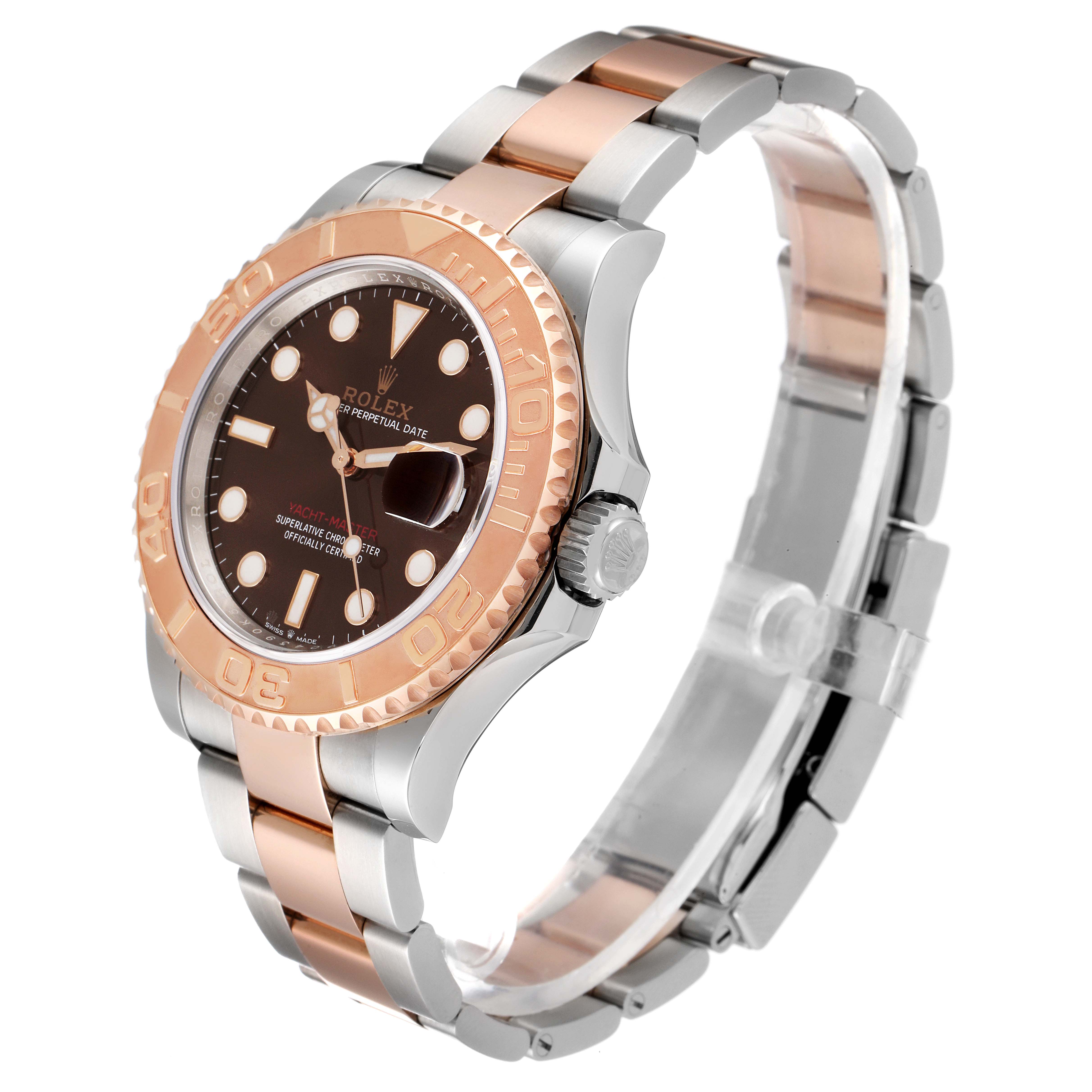 This image shows a Rolex Yacht-Master 126621 Men's Steel and Gold (two tone) Brown Dial 126621 Men's Steel and Gold (two tone) Brown Dial watch at a three-quarter angle, displaying its face, bezel, and bracelet.