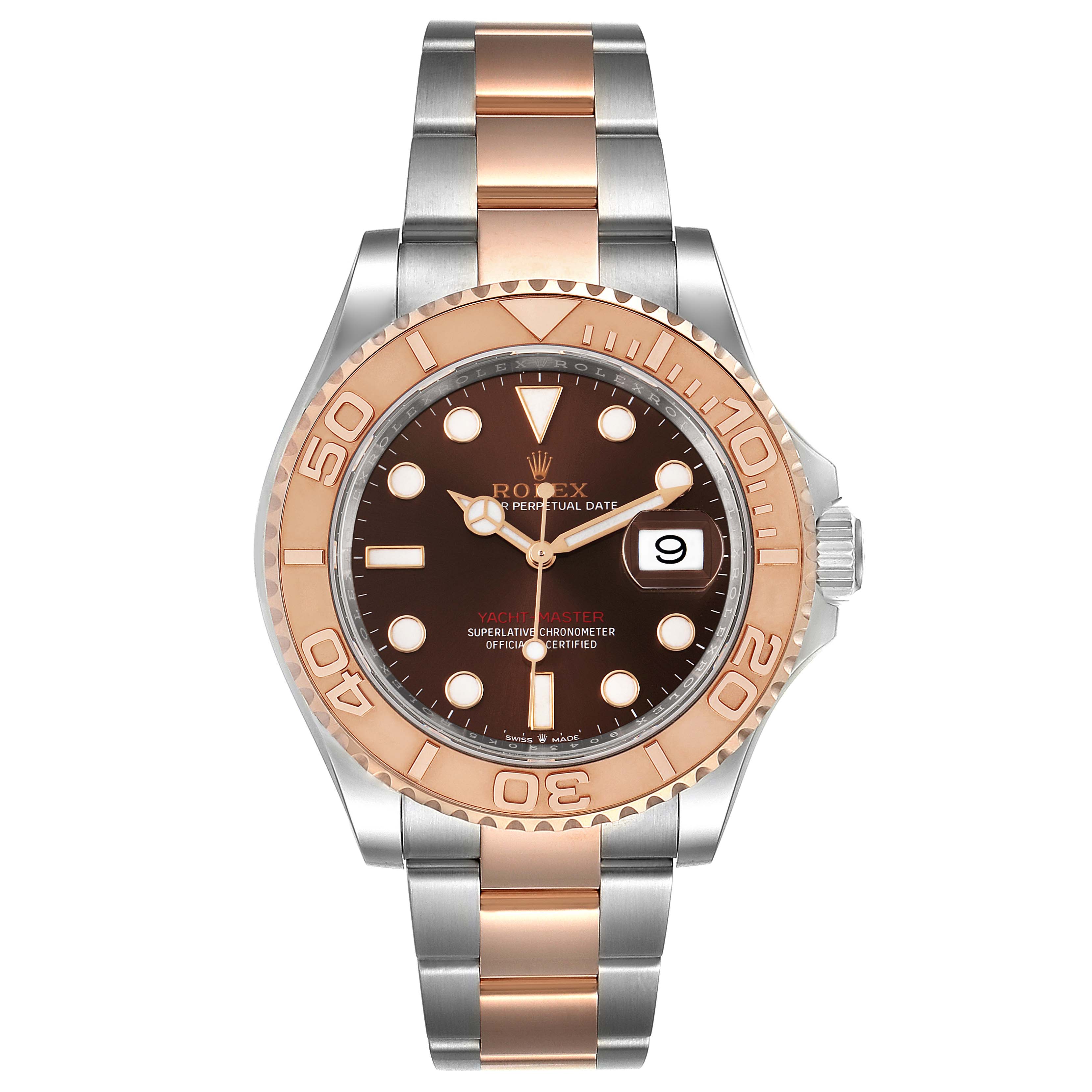 This image shows a front view of the Rolex Yacht-Master 126621 Men's Steel and Gold (two tone) Brown Dial 126621 Men's Steel and Gold (two tone) Brown Dial watch, displaying the bezel, dial, hands, and bracelet.