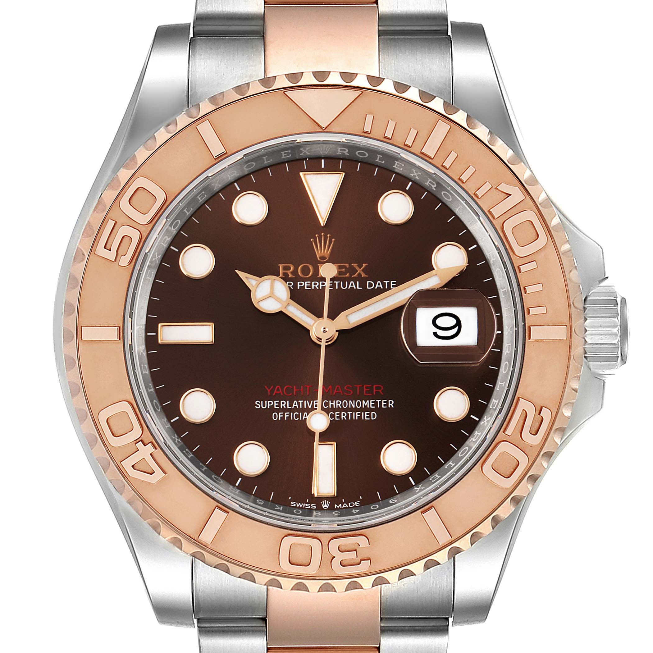 The Yacht-Master model by Rolex is shown from the front, displaying its bezel, dial, hands, and date window.