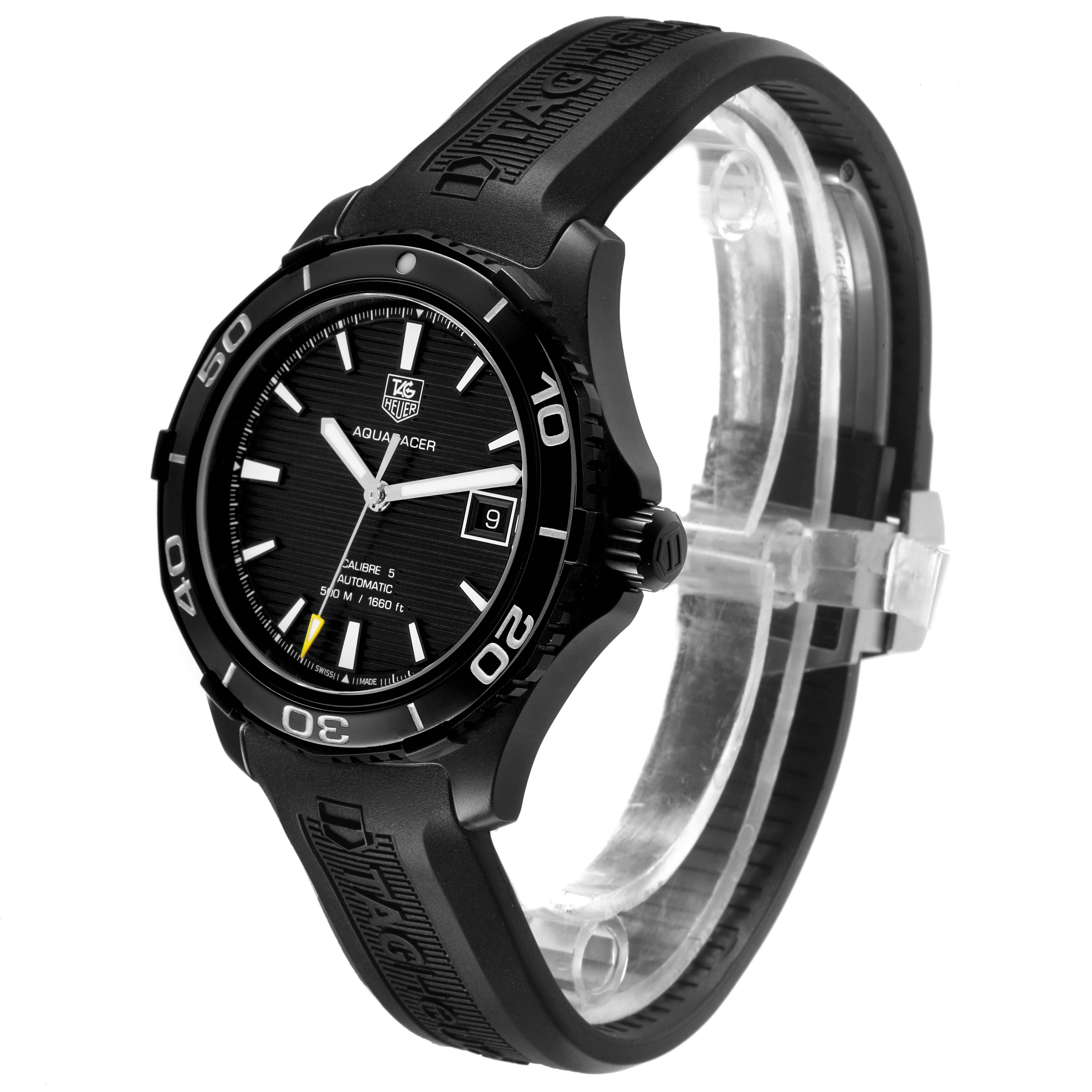 The Tag Heuer Aquaracer WAK2180.FT6027 Men's Titanium Black Dial watch is shown at a three-quarter angle, displaying the face, bezel, and rubber strap.