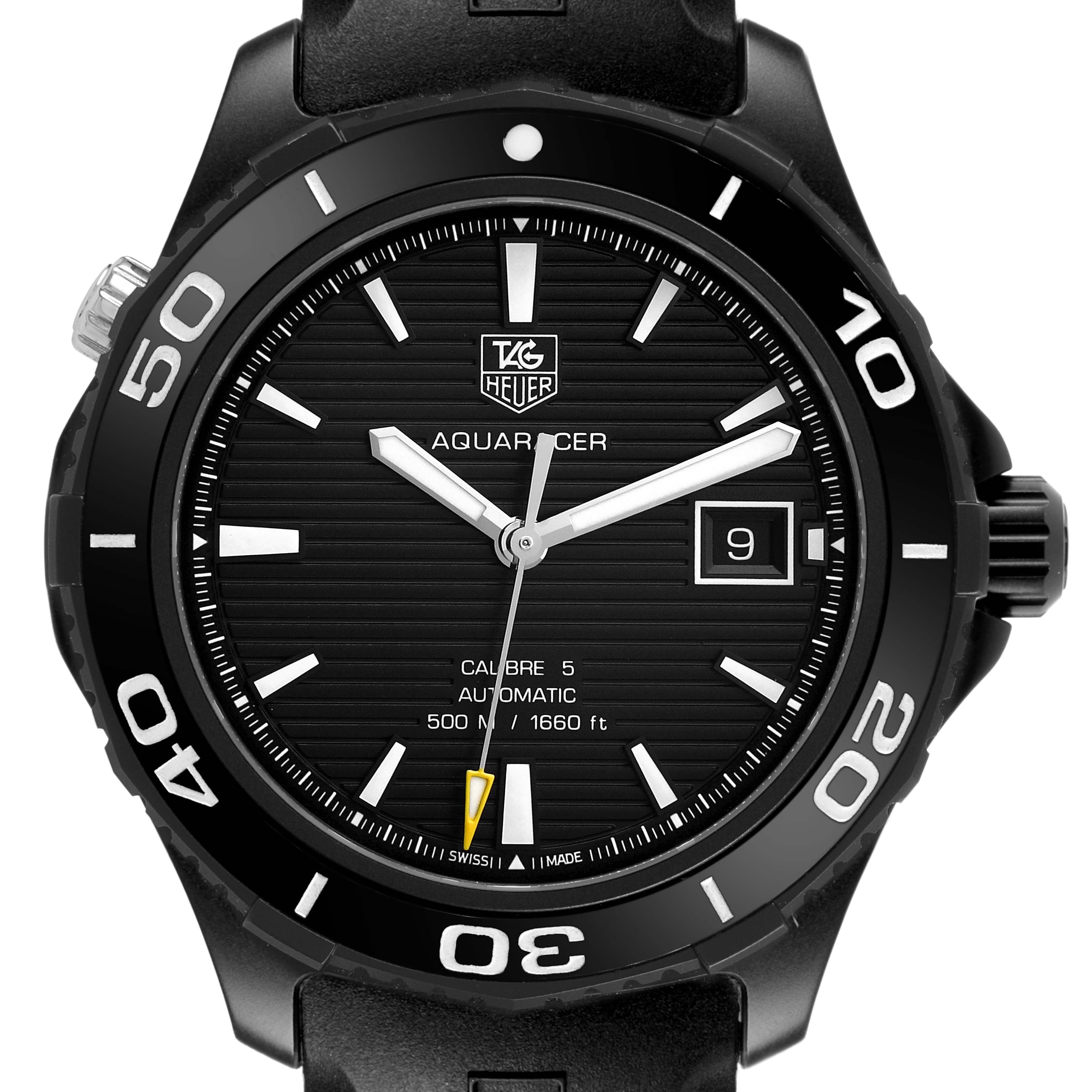 The image shows a front view of the Tag Heuer Aquaracer WAK2180.FT6027 Men's Titanium Black Dial watch, highlighting the dial, bezel, crown, and date window.