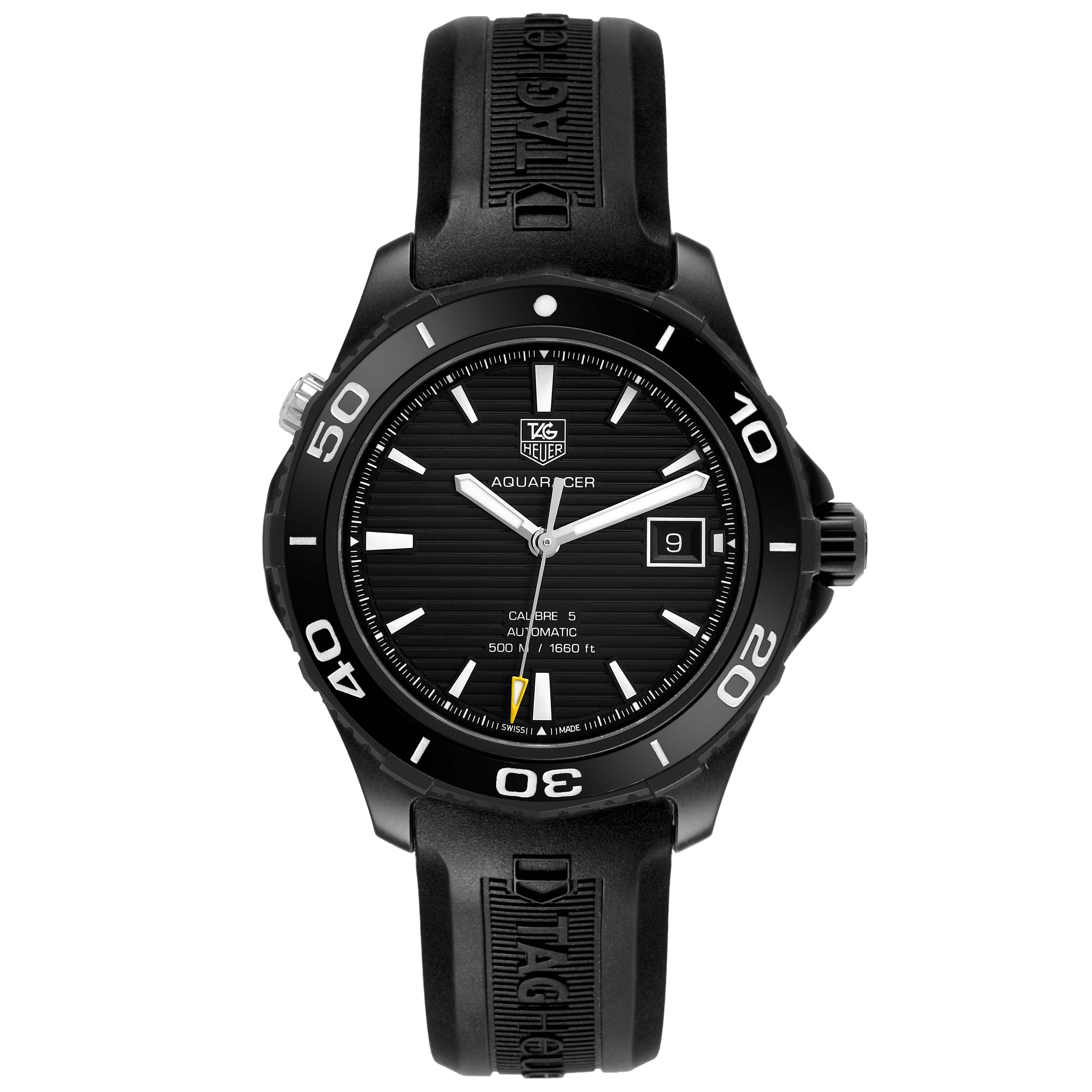 The image shows the front view of the Tag Heuer Aquaracer WAK2180.FT6027 Men's Titanium Black Dial watch, displaying the bezel, dial, hands, and rubber strap.