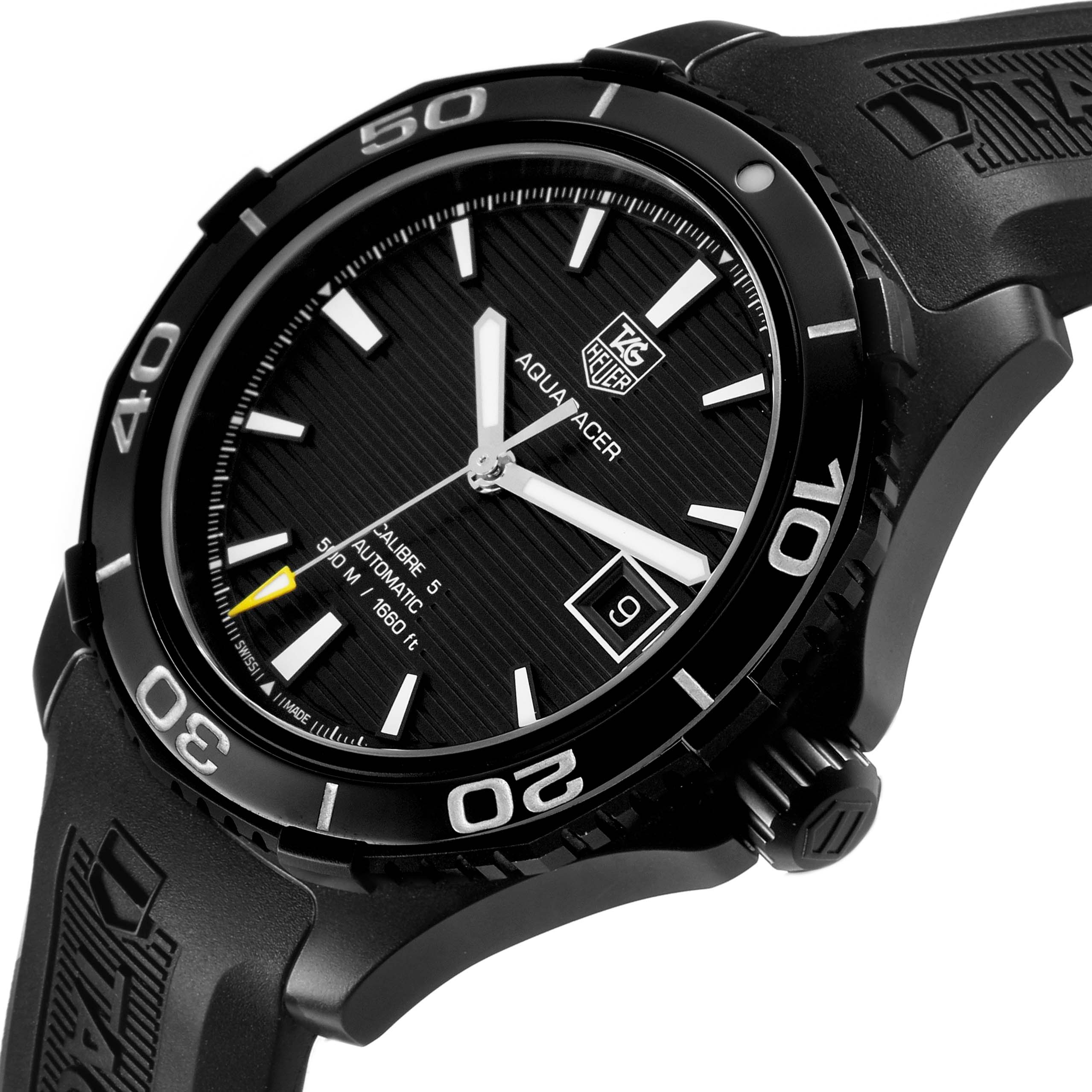 The Tag Heuer Aquaracer WAK2180.FT6027 Men's Titanium Black Dial watch is shown at a slight angle, highlighting the face, bezel, and date window.