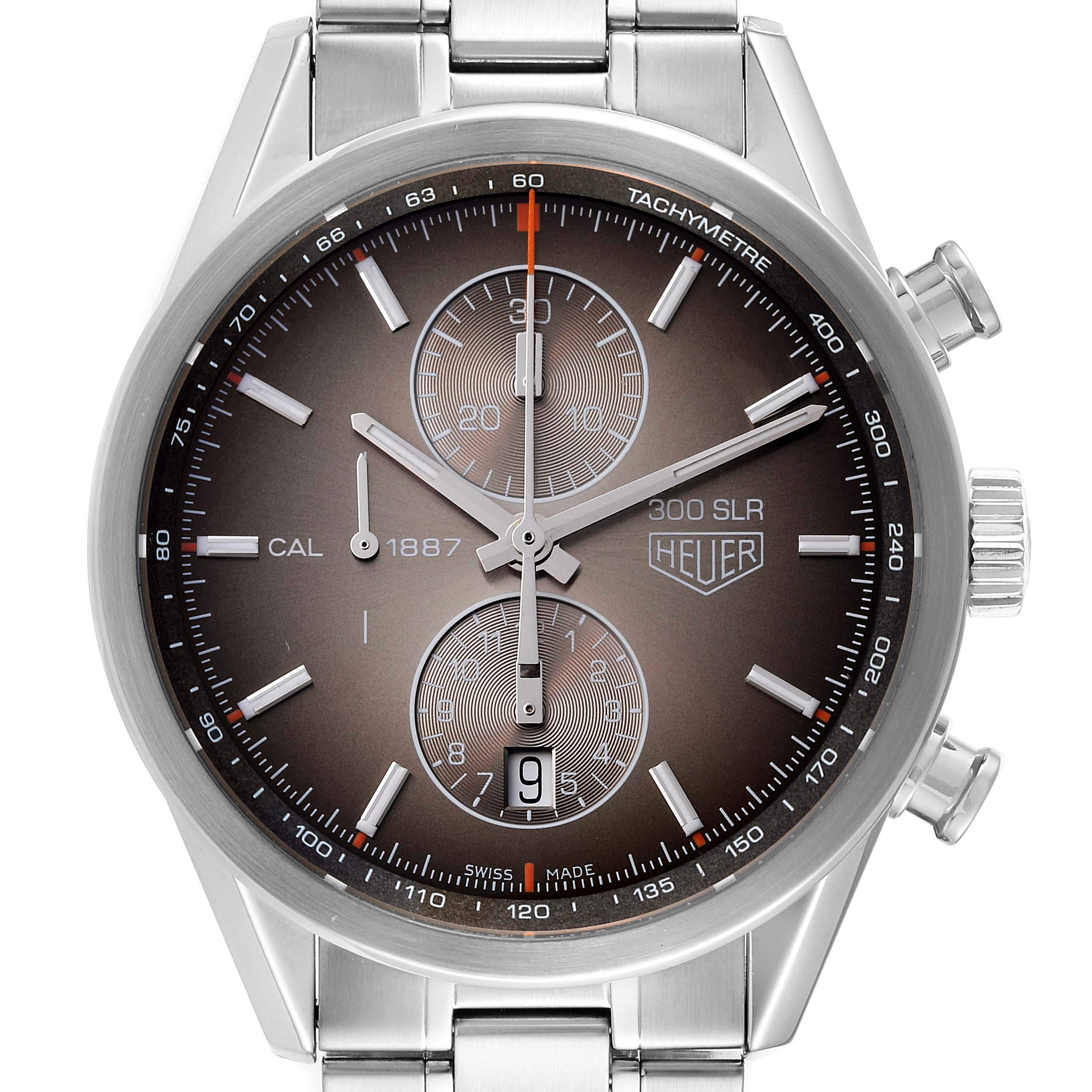 The image shows a straight-on view of a Tag Heuer Carrera CAR2112.FC6267 Men's Stainless Steel Brown Dial CAR2112.FC6267 Men's Stainless Steel Brown Dial model watch, displaying the dial, hands, subdials, date window, and part of the band.
