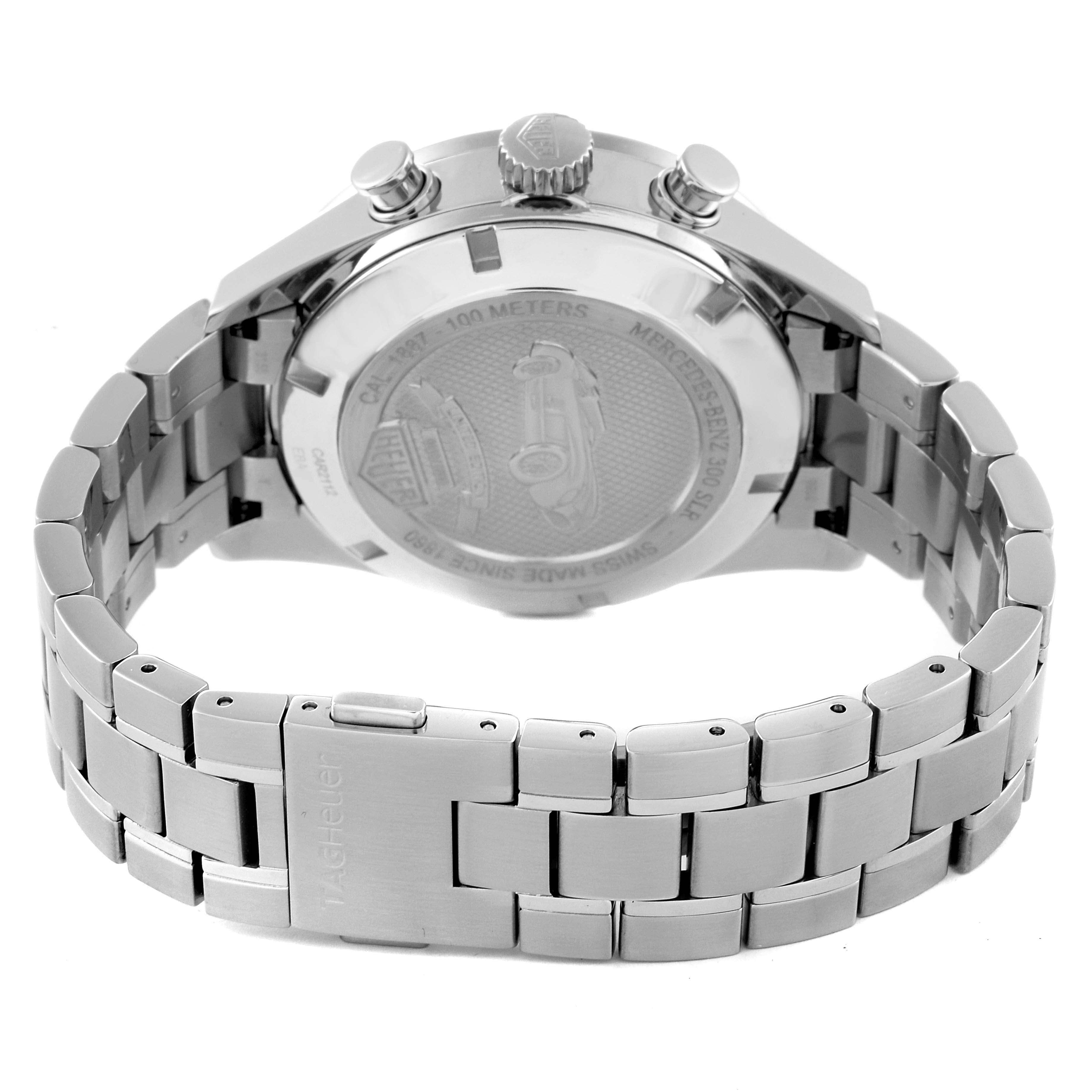 The image shows the back case and bracelet of the Tag Heuer Carrera CAR2112.FC6267 Men's Stainless Steel Brown Dial CAR2112.FC6267 Men's Stainless Steel Brown Dial watch at an angled rear view.