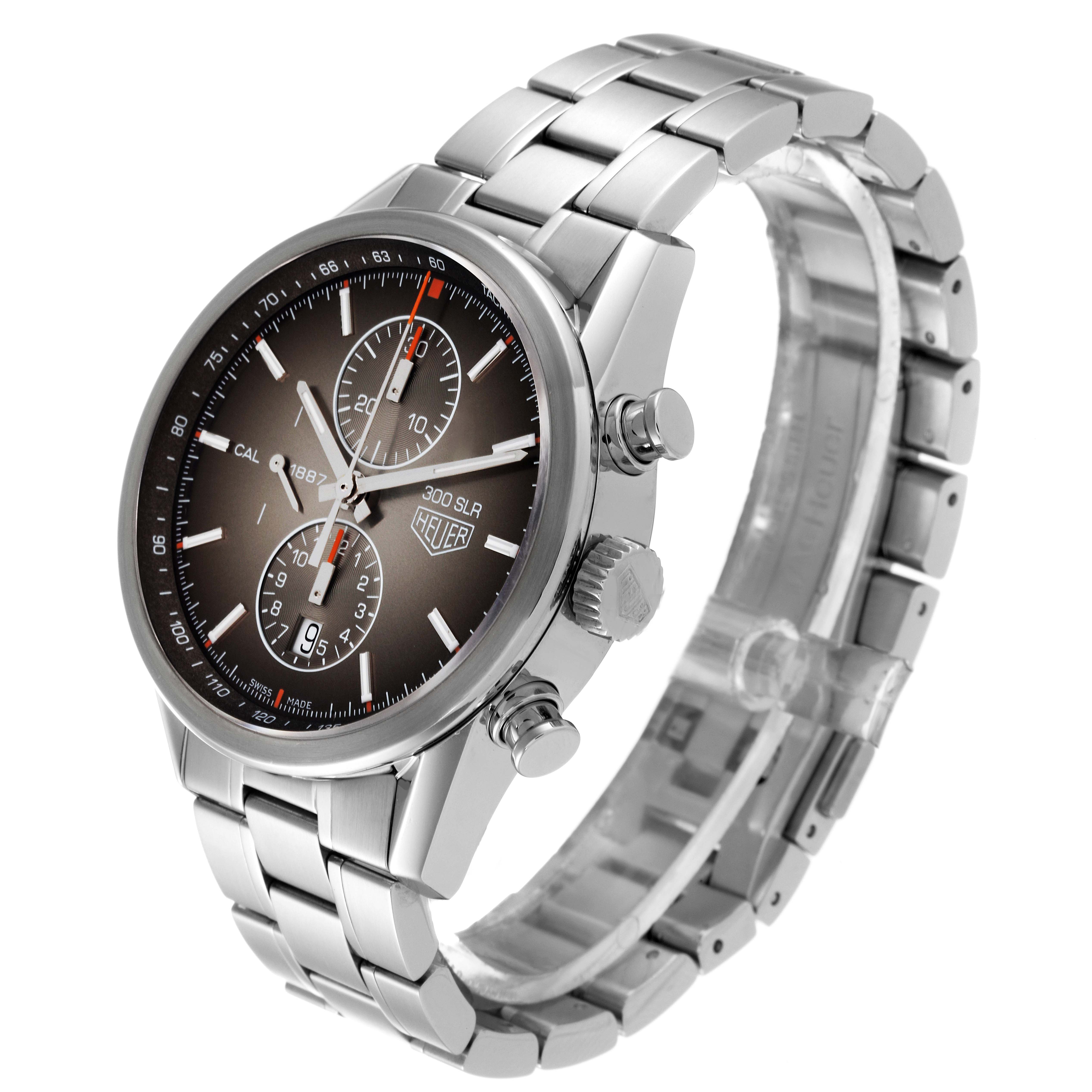 The Tag Heuer Carrera CAR2112.FC6267 Men's Stainless Steel Brown Dial CAR2112.FC6267 Men's Stainless Steel Brown Dial watch is shown at a slight angle, highlighting its face, crown, pushers, and stainless steel bracelet.