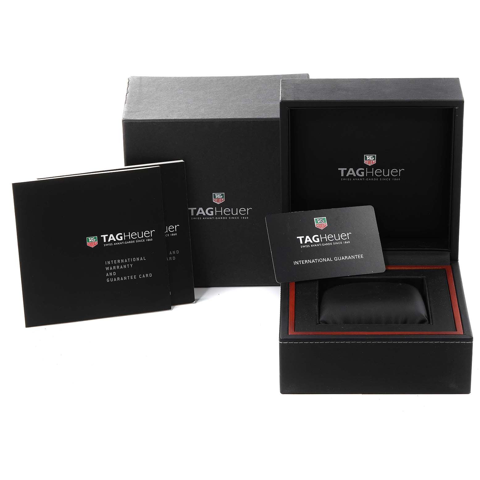 The image shows the packaging and accessories of a Tag Heuer Carrera CAR2112.FC6267 Men's Stainless Steel Brown Dial CAR2112.FC6267 Men's Stainless Steel Brown Dial watch, including the box, warranty cards, and manuals.