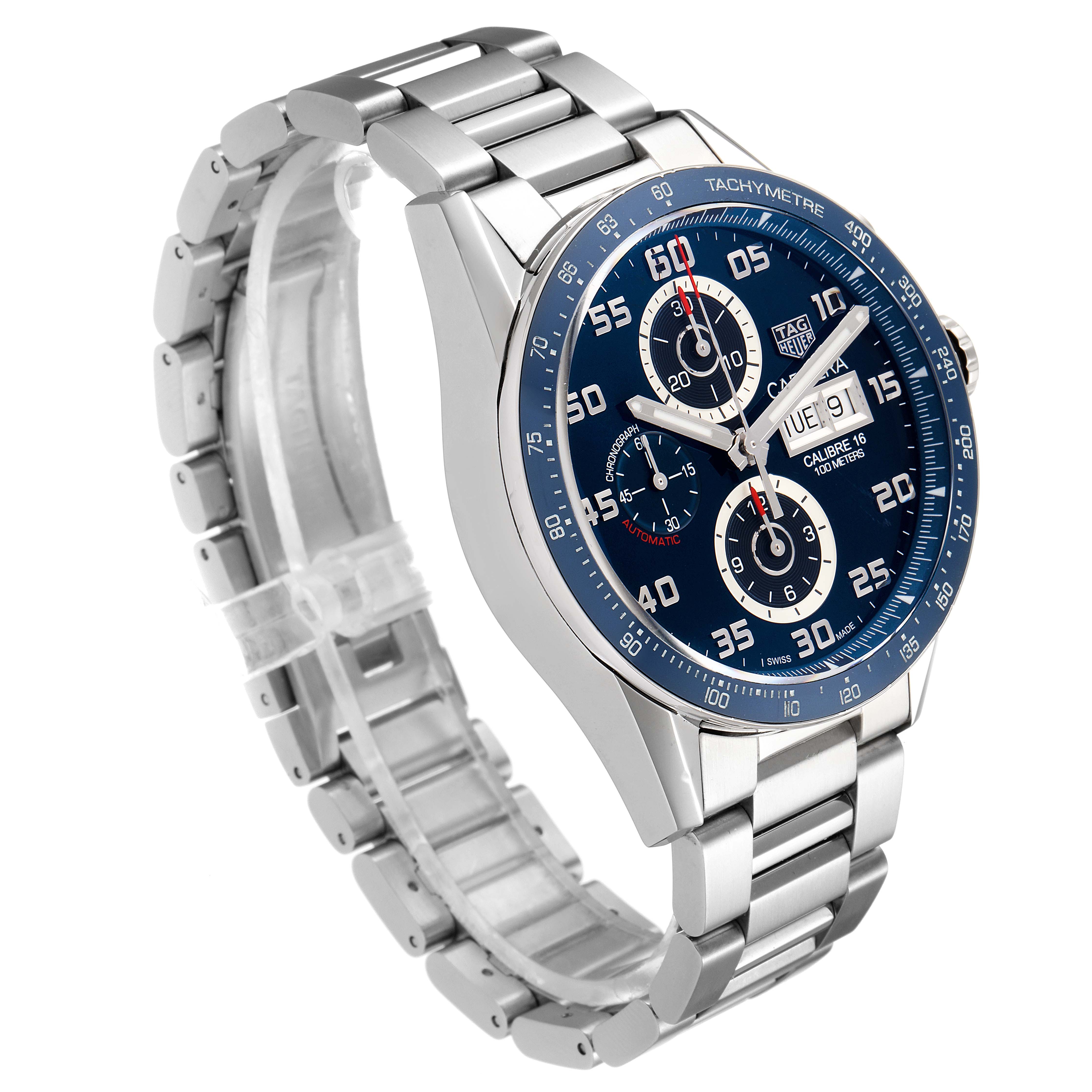 The Tag Heuer Carrera CV2A1V.BA0738 Men's Stainless Steel Blue Dial CV2A1V.BA0738 Men's Stainless Steel Blue Dial watch is shown at a front angle, highlighting its dial, bezel, and metal bracelet.