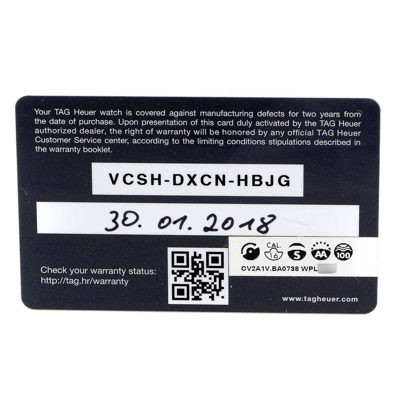 This is a warranty card for the Tag Heuer Carrera CV2A1V.BA0738 Men's Stainless Steel Blue Dial CV2A1V.BA0738 Men's Stainless Steel Blue Dial model, displaying a serial number, purchase date, and a QR code.