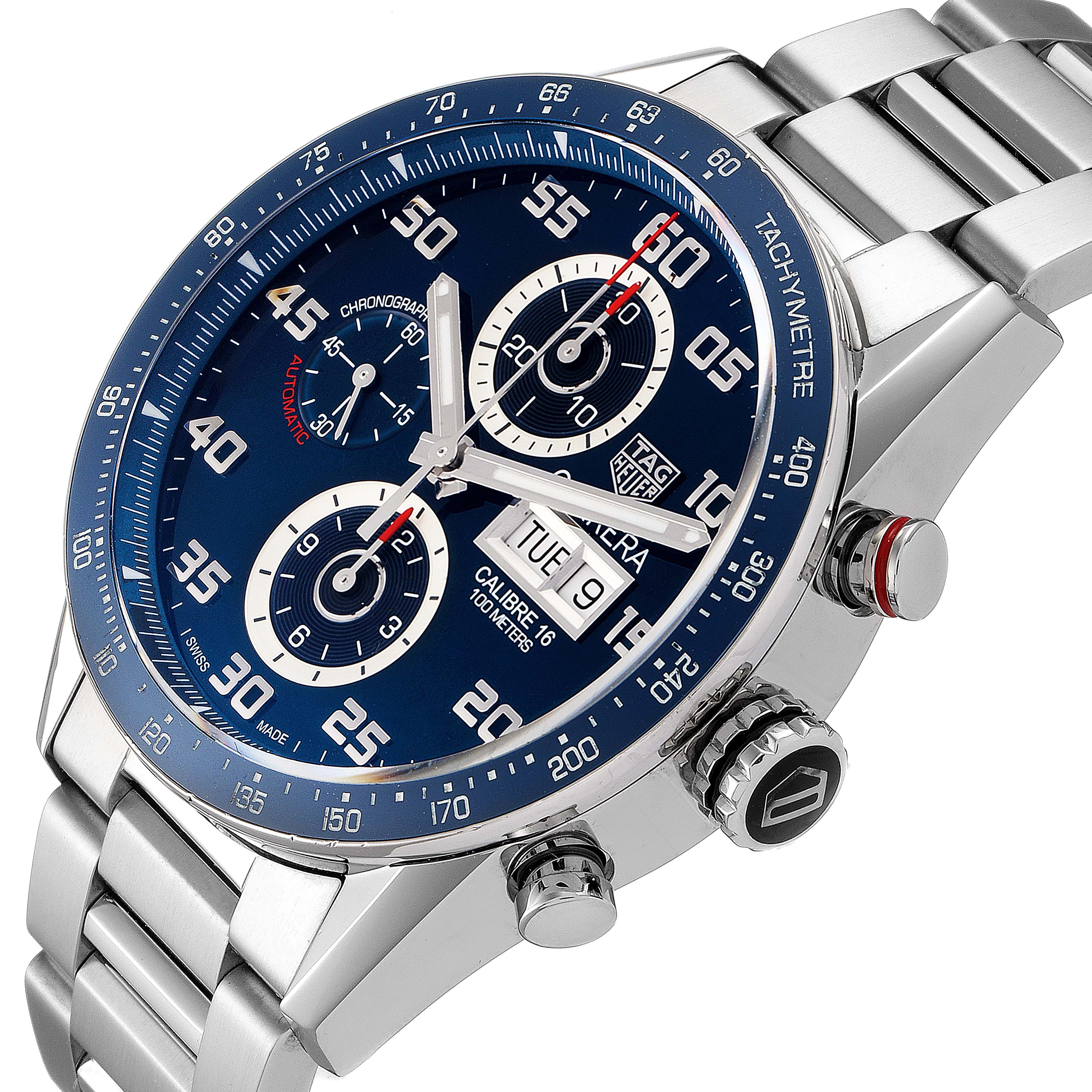 The Tag Heuer Carrera CV2A1V.BA0738 Men's Stainless Steel Blue Dial CV2A1V.BA0738 Men's Stainless Steel Blue Dial watch is shown at an angle highlighting its blue dial, chronograph functions, and metal bracelet.
