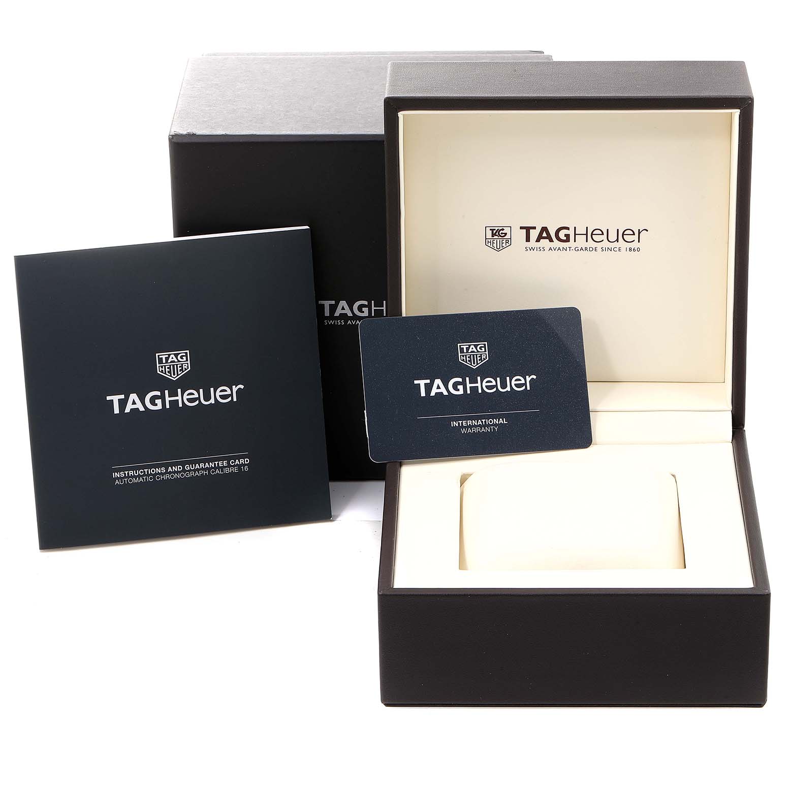 The image shows the packaging, instruction manual, and warranty card for the Tag Heuer Carrera CV2A1V.BA0738 Men's Stainless Steel Blue Dial CV2A1V.BA0738 Men's Stainless Steel Blue Dial watch.