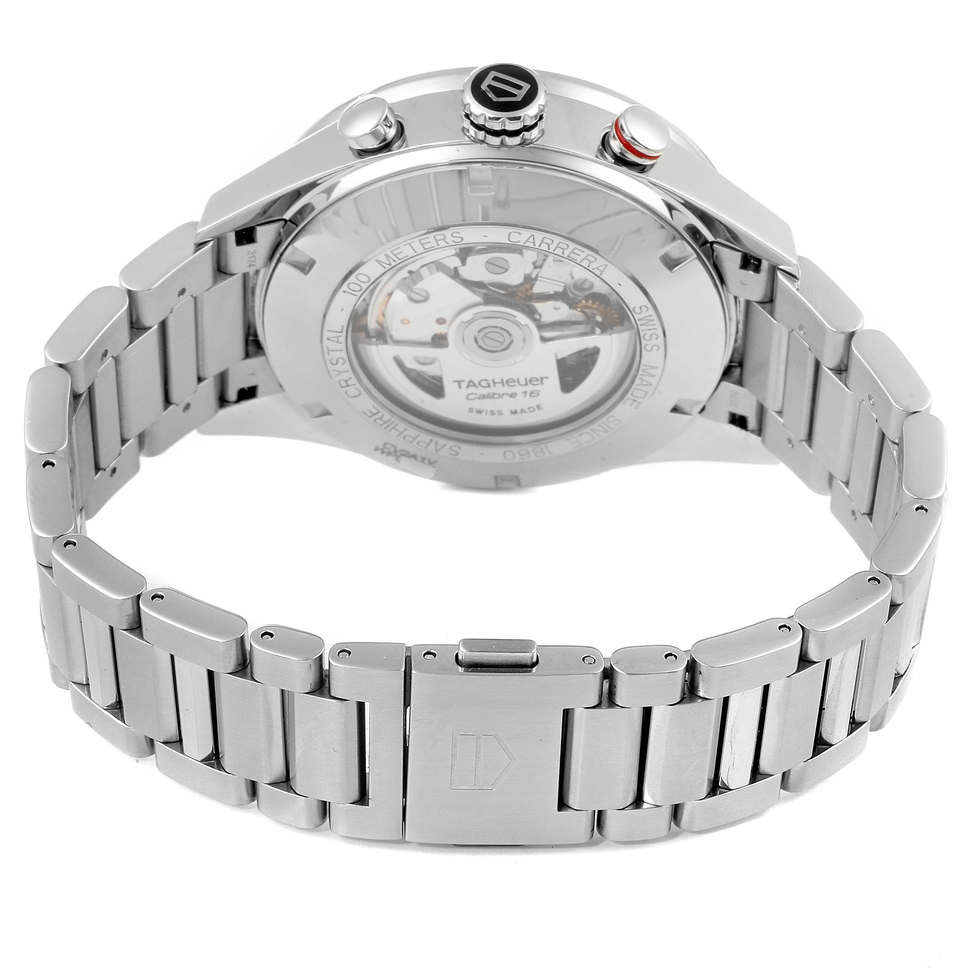 This image shows the back view of the Tag Heuer Carrera CV2A1V.BA0738 Men's Stainless Steel Blue Dial CV2A1V.BA0738 Men's Stainless Steel Blue Dial watch, highlighting the clasp and the transparent case back.