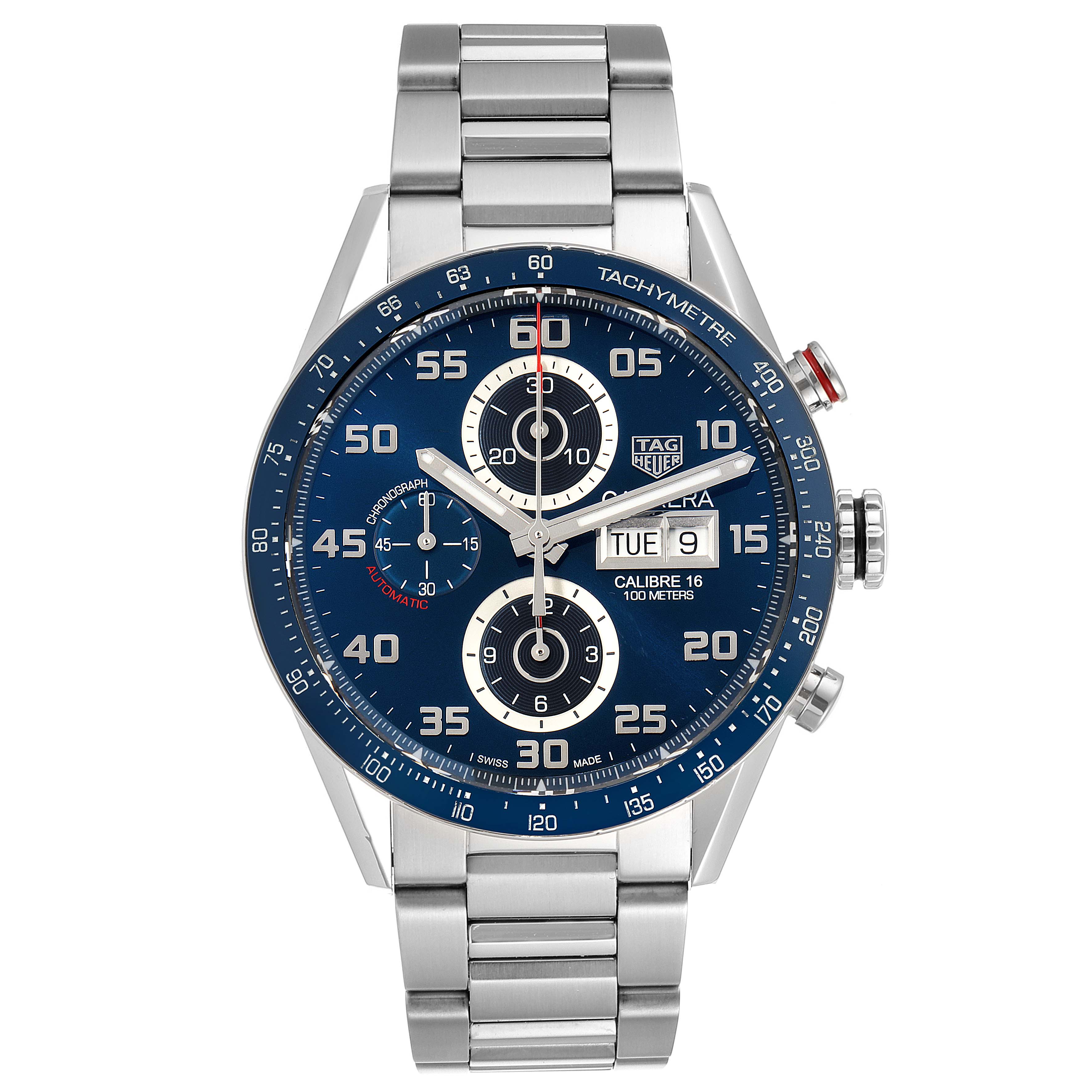 This Tag Heuer Carrera CV2A1V.BA0738 Men's Stainless Steel Blue Dial CV2A1V.BA0738 Men's Stainless Steel Blue Dial watch is shown from the front, displaying its face, bezel, and metal bracelet.