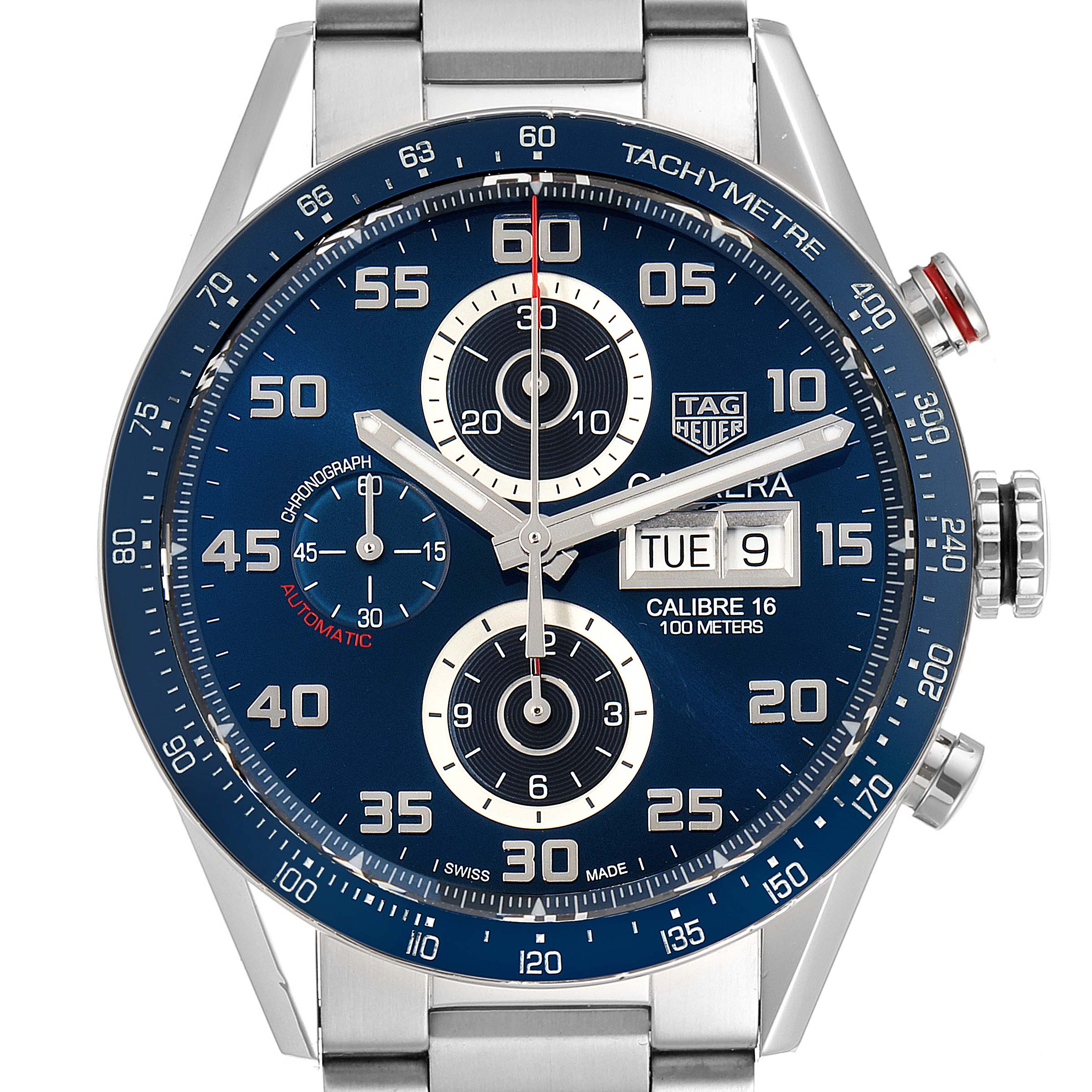 The image shows a front view of the Tag Heuer Carrera CV2A1V.BA0738 Men's Stainless Steel Blue Dial CV2A1V.BA0738 Men's Stainless Steel Blue Dial watch, highlighting its blue dial, chronograph subdials, and tachymeter.