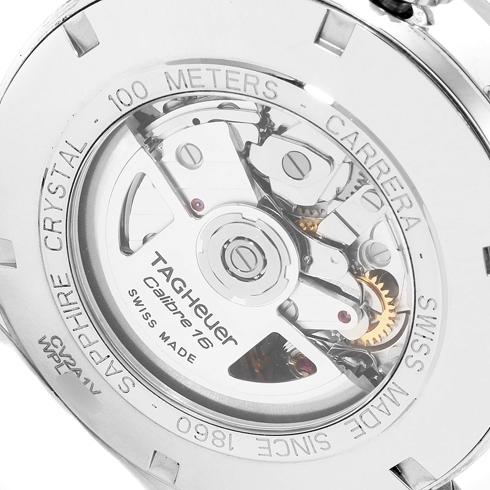 The image shows the back view of a Tag Heuer Carrera CV2A1V.BA0738 Men's Stainless Steel Blue Dial CV2A1V.BA0738 Men's Stainless Steel Blue Dial watch, revealing its Calibre 16 movement and internal mechanics.