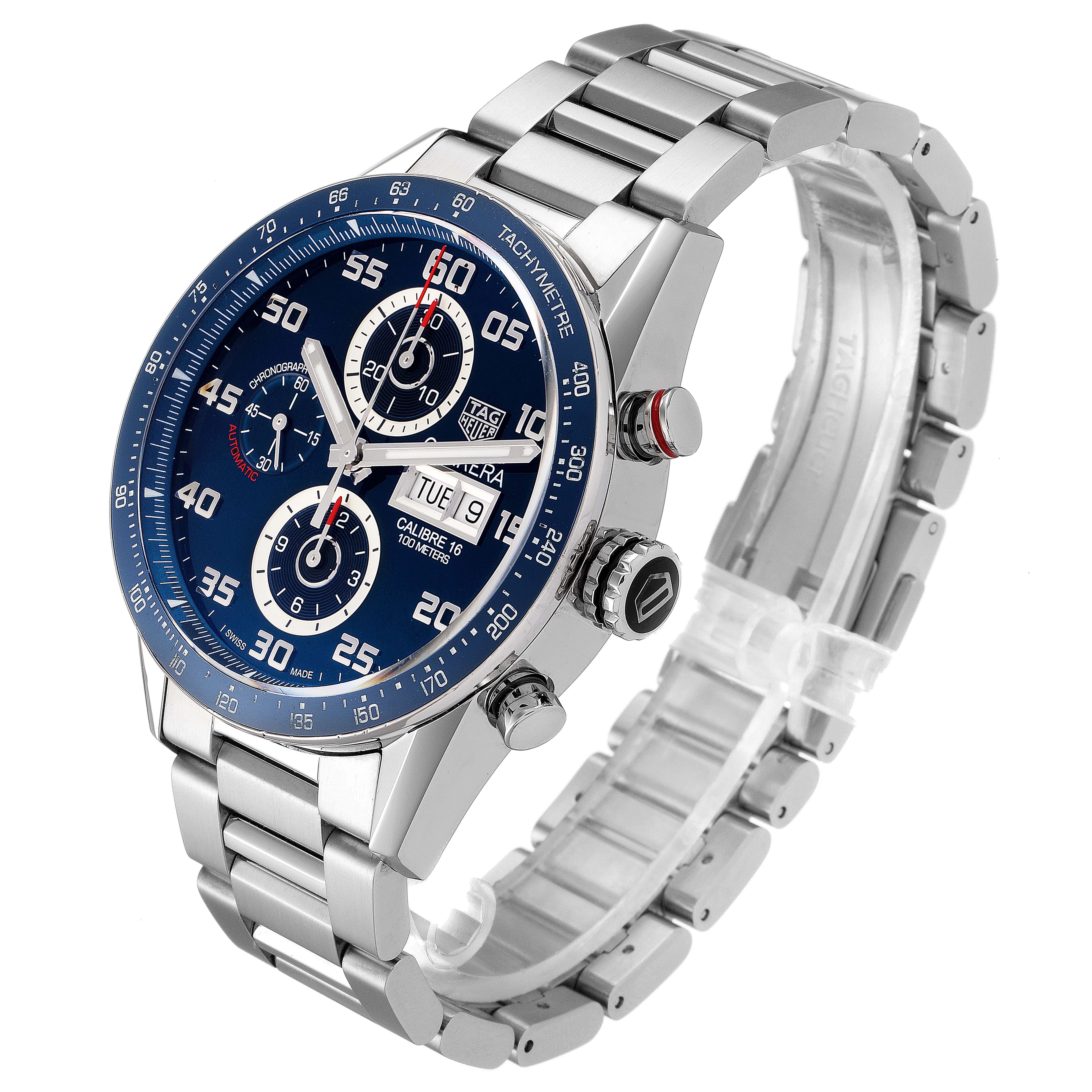 The Tag Heuer Carrera CV2A1V.BA0738 Men's Stainless Steel Blue Dial CV2A1V.BA0738 Men's Stainless Steel Blue Dial watch is shown at an angle, highlighting its face, chronographs, bezel, crown, and metal bracelet.