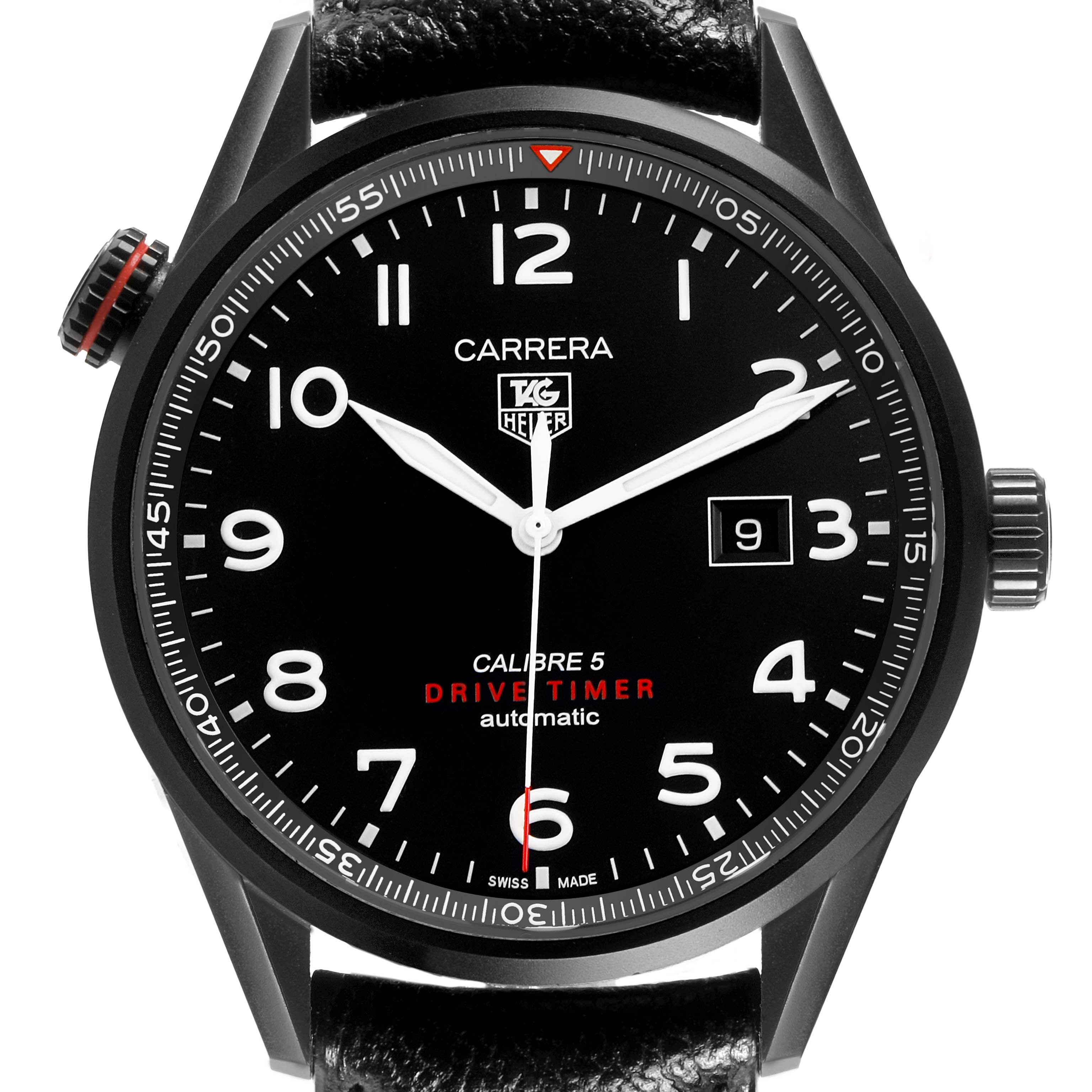 The image shows a front view of the Tag Heuer Carrera WAR2A80.FC6337 Men's Titanium Black Dial watch, highlighting the dial, crown, and bezel.
