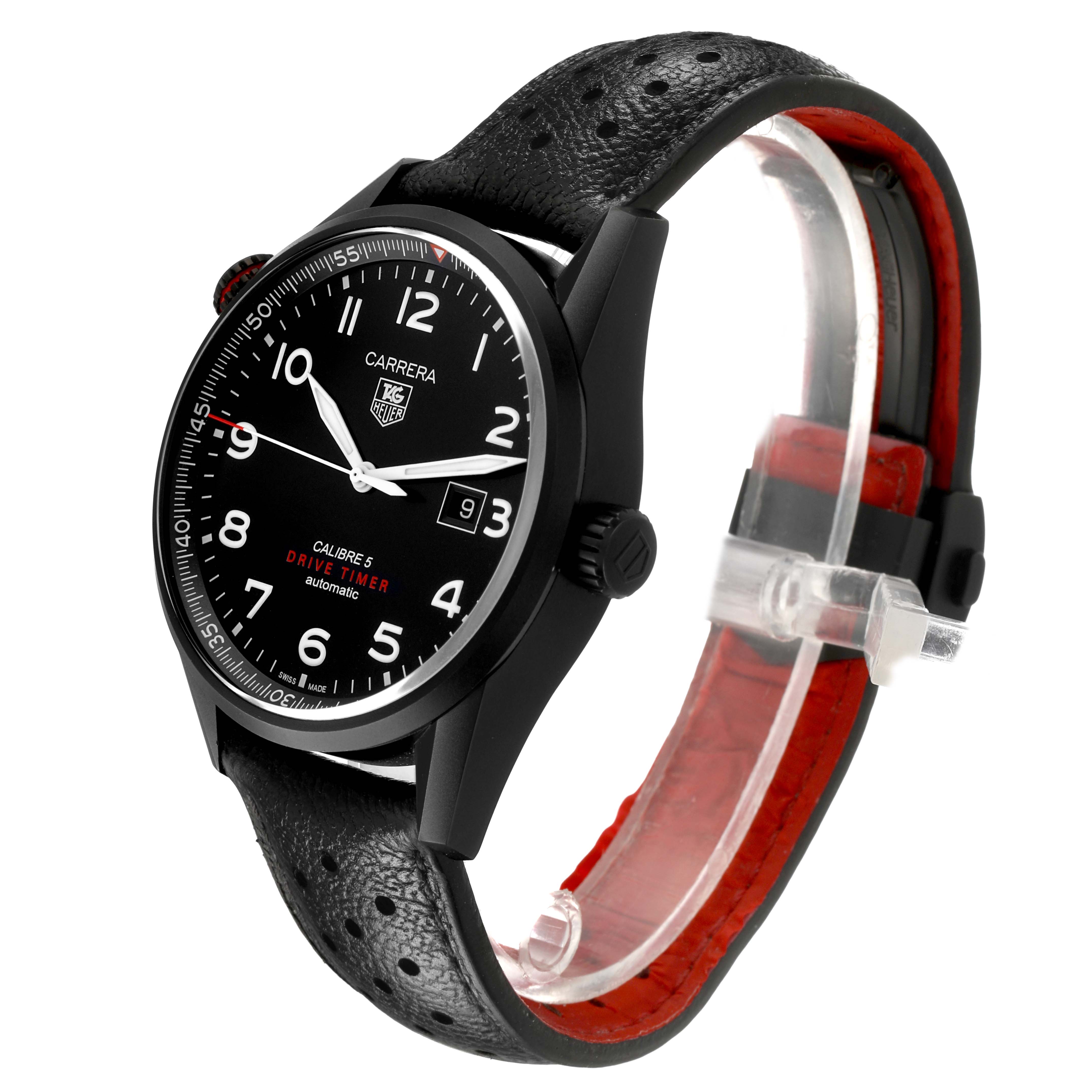 The Tag Heuer Carrera WAR2A80.FC6337 Men's Titanium Black Dial watch is shown at a three-quarter angle, highlighting the face, bezel, and perforated strap.