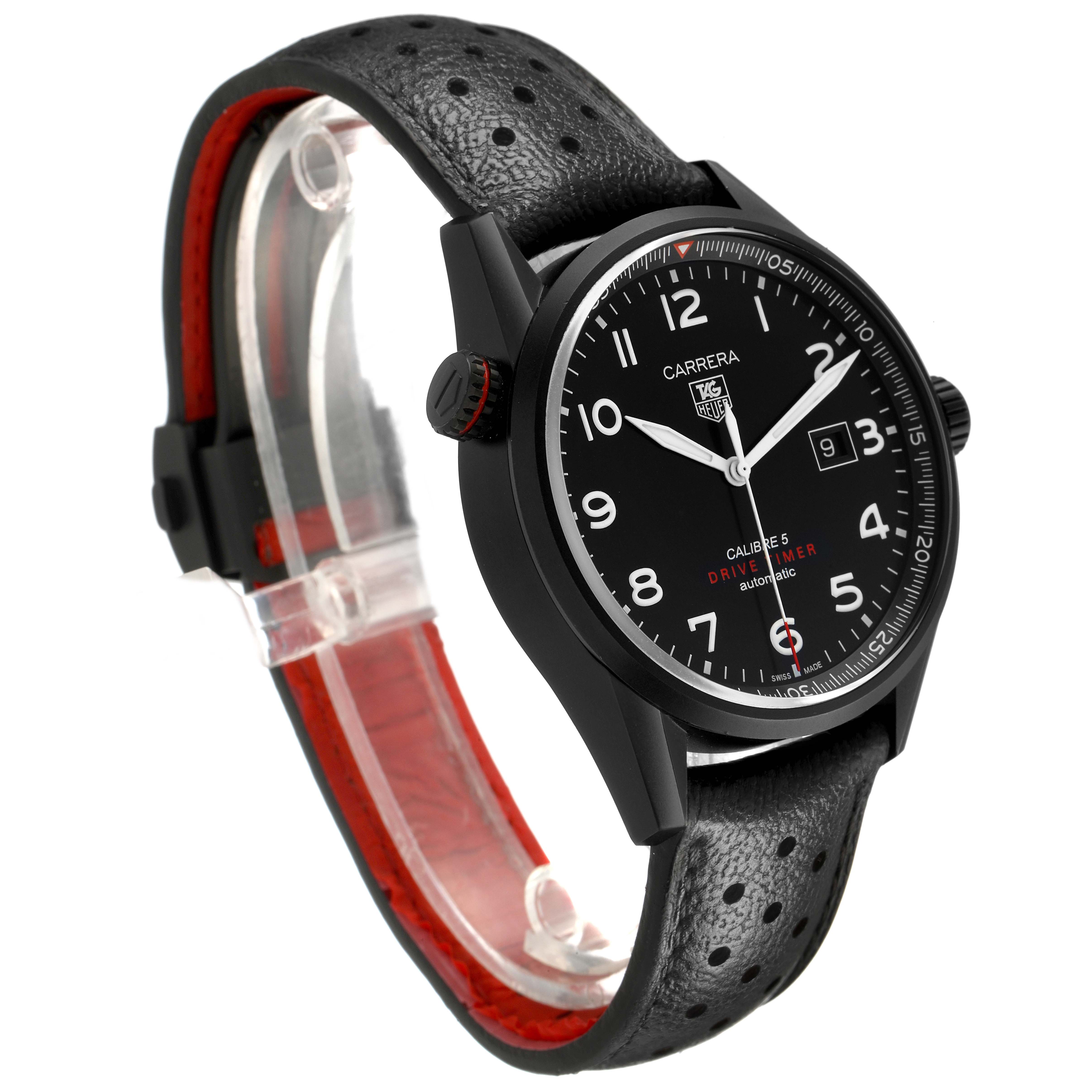 The Tag Heuer Carrera WAR2A80.FC6337 Men's Titanium Black Dial is shown at a slight angle, highlighting the black dial, perforated strap, and crown.