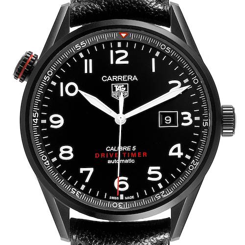 The Tag Heuer Carrera WAR2A80.FC6337 Men's Titanium Black Dial watch is shown from the front, highlighting the dial, hands, date window, and bezel.
