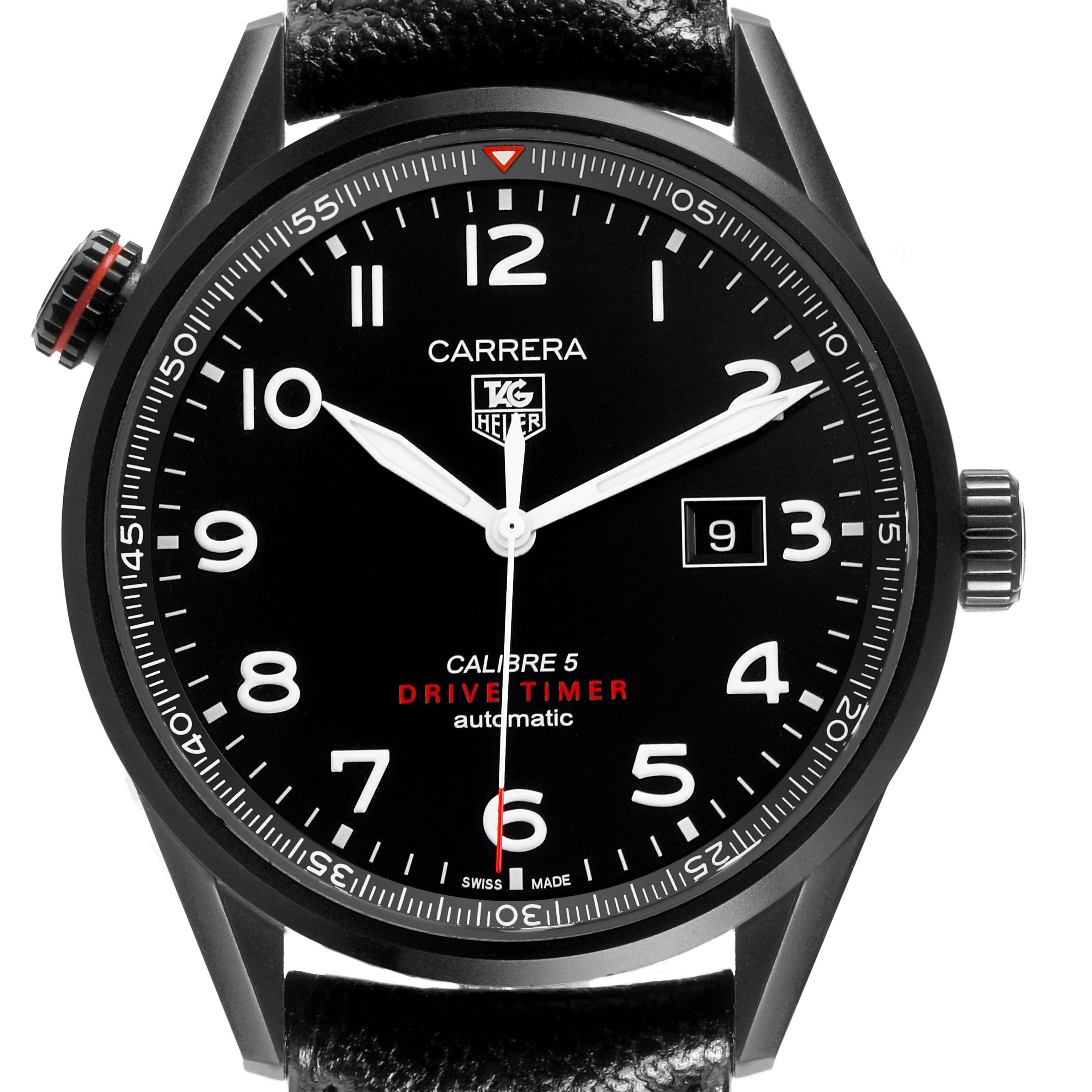 The Tag Heuer Carrera WAR2A80.FC6337 Men's Titanium Black Dial watch is shown from the front, featuring the face, hands, date window, and crown.