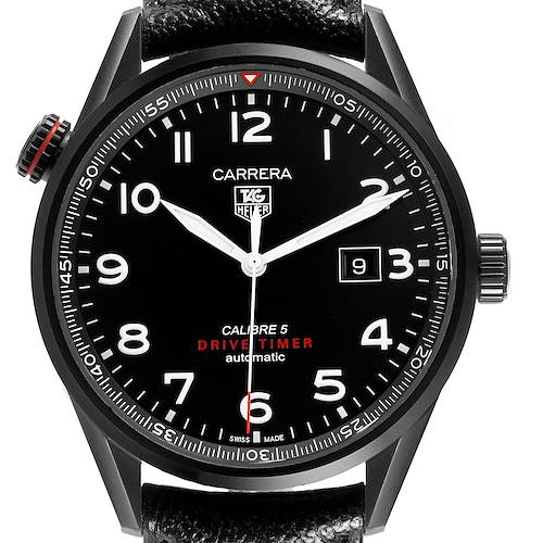 The image shows a Tag Heuer Carrera WAR2A80.FC6337 Men's Titanium Black Dial watch from a front angle, highlighting the dial, bezel, crown, and date window.