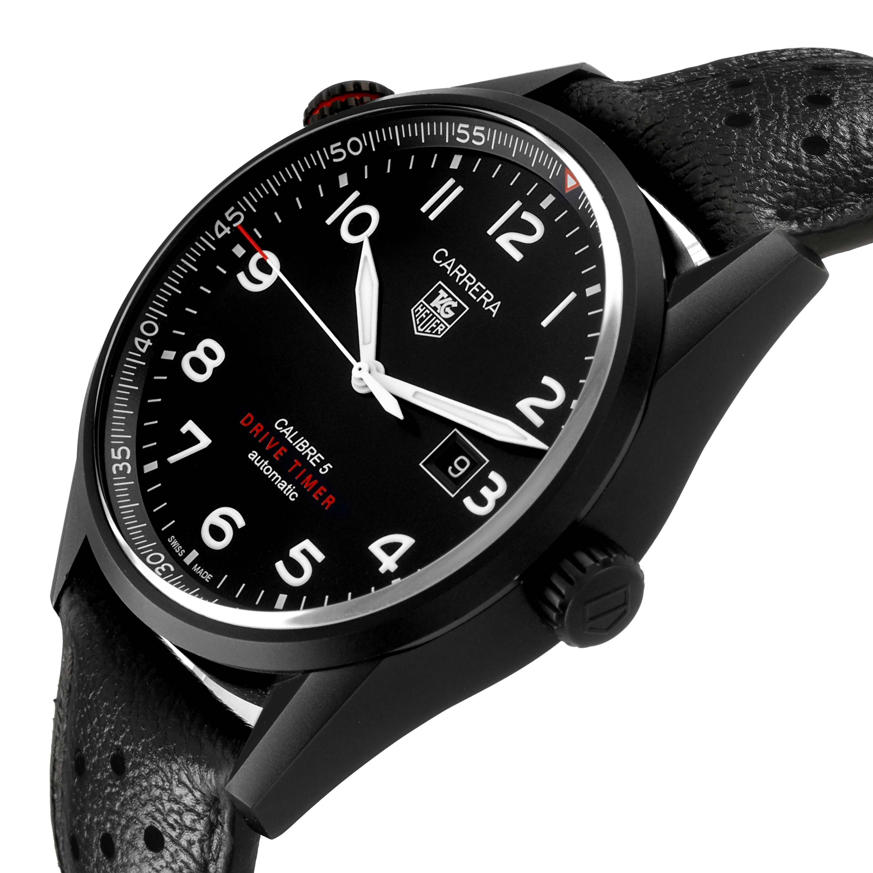 The Tag Heuer Carrera WAR2A80.FC6337 Men's Titanium Black Dial watch is shown from a side angle, displaying its face, bezel, crown, and black strap.