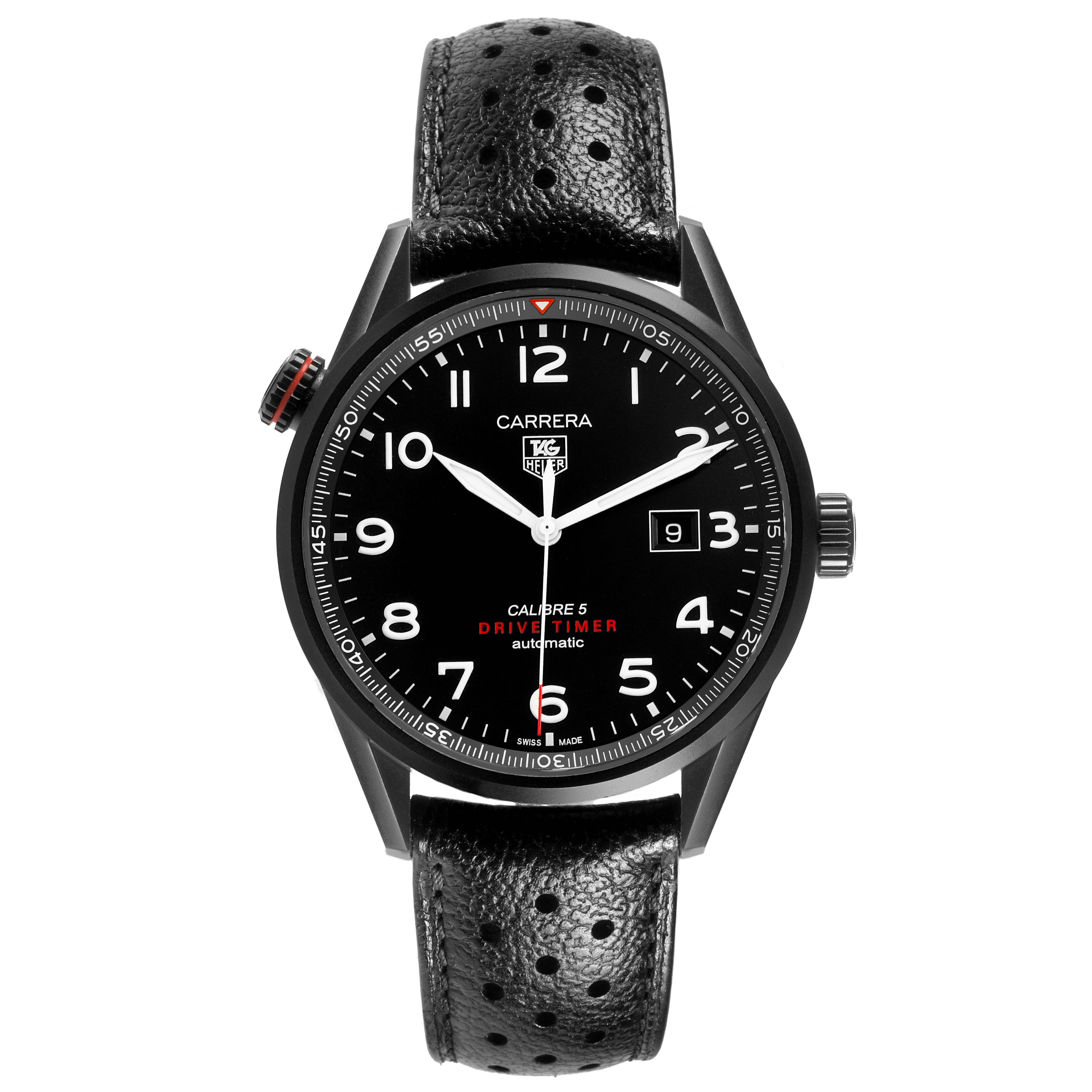 The Tag Heuer Carrera WAR2A80.FC6337 Men's Titanium Black Dial watch is shown from a top-down angle, featuring its face, bezel, and perforated leather strap.