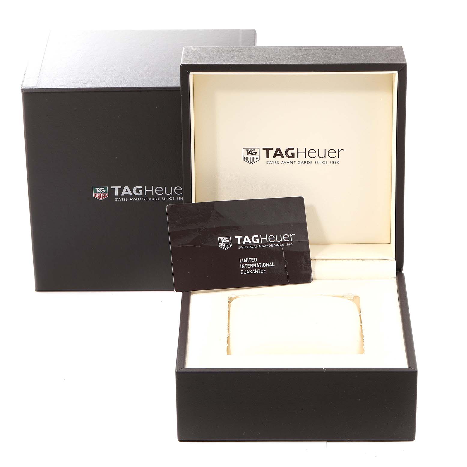 The image shows the packaging box and a guarantee card for a Tag Heuer Carrera CAR2A1Z.FT6044 Men's Stainless Steel Black Dial CAR2A1Z.FT6044 Men's Stainless Steel Black Dial watch, viewed from the front.