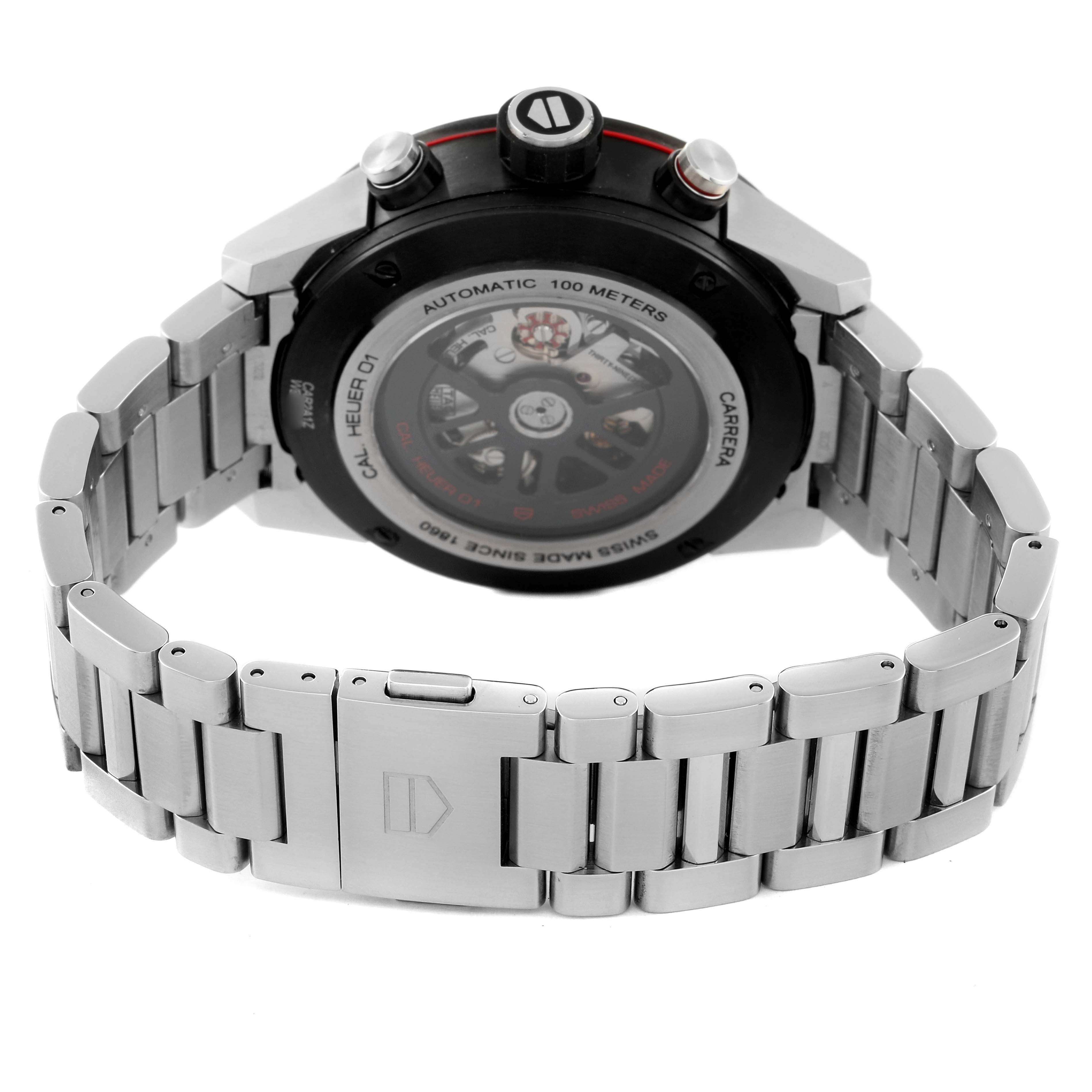 The image shows the back view and bracelet of a Tag Heuer Carrera CAR2A1Z.FT6044 Men's Stainless Steel Black Dial CAR2A1Z.FT6044 Men's Stainless Steel Black Dial watch, highlighting the automatic movement and clasp.