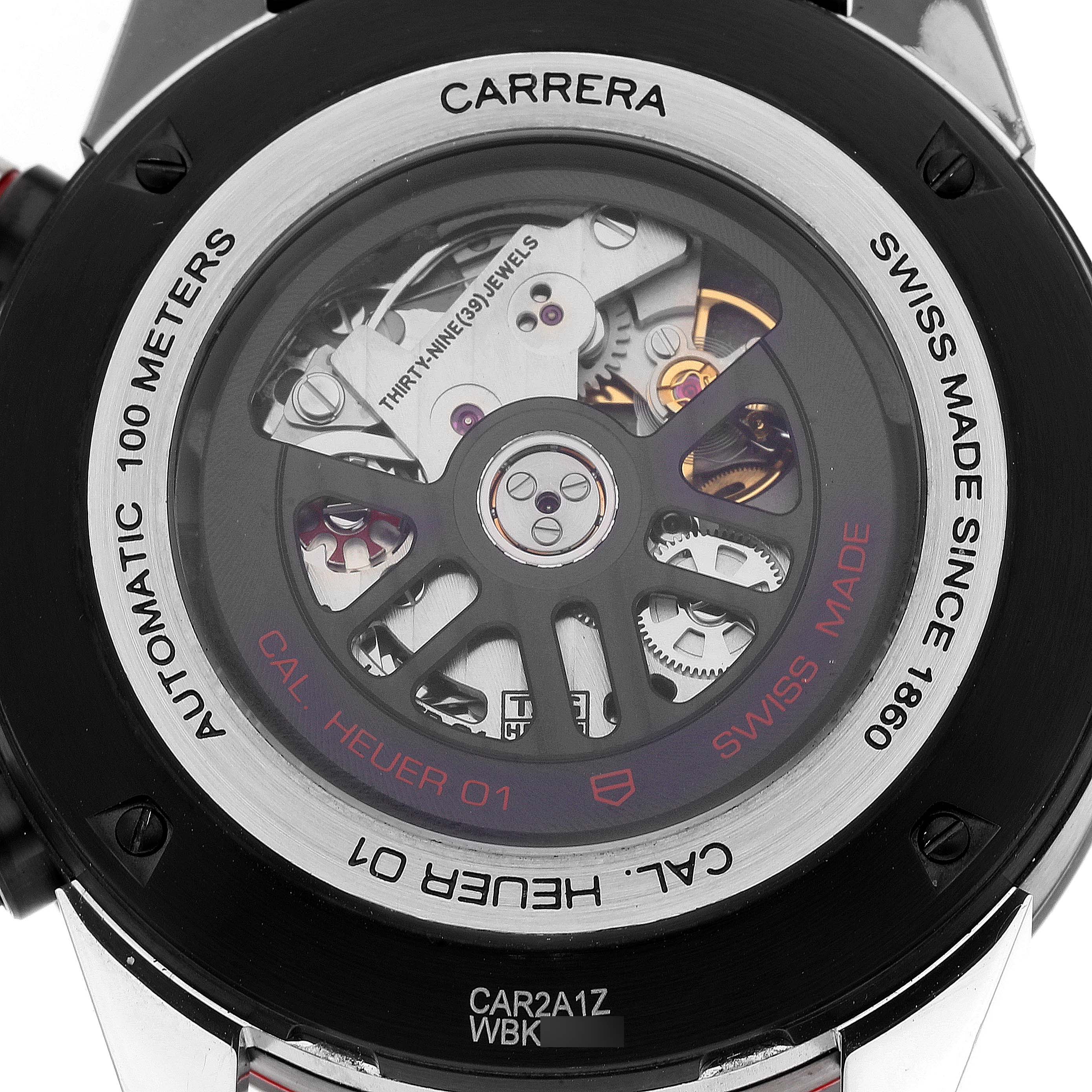 This image shows the back view of a Tag Heuer Carrera CAR2A1Z.FT6044 Men's Stainless Steel Black Dial CAR2A1Z.FT6044 Men's Stainless Steel Black Dial watch, highlighting the automatic movement and intricate mechanics.