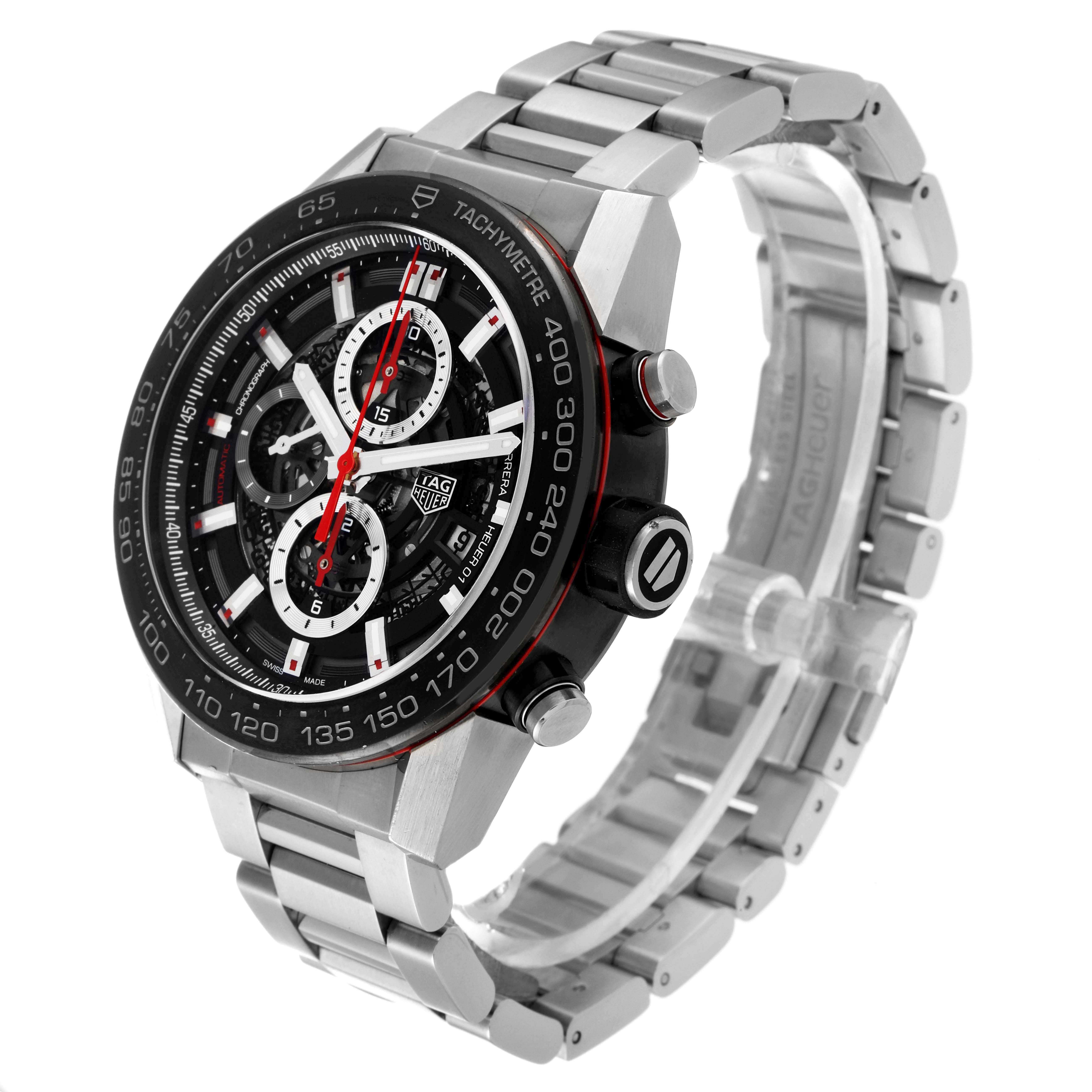 The image shows a Tag Heuer Carrera CAR2A1Z.FT6044 Men's Stainless Steel Black Dial CAR2A1Z.FT6044 Men's Stainless Steel Black Dial watch at a slight side angle, displaying the face, bezel, and stainless steel bracelet.