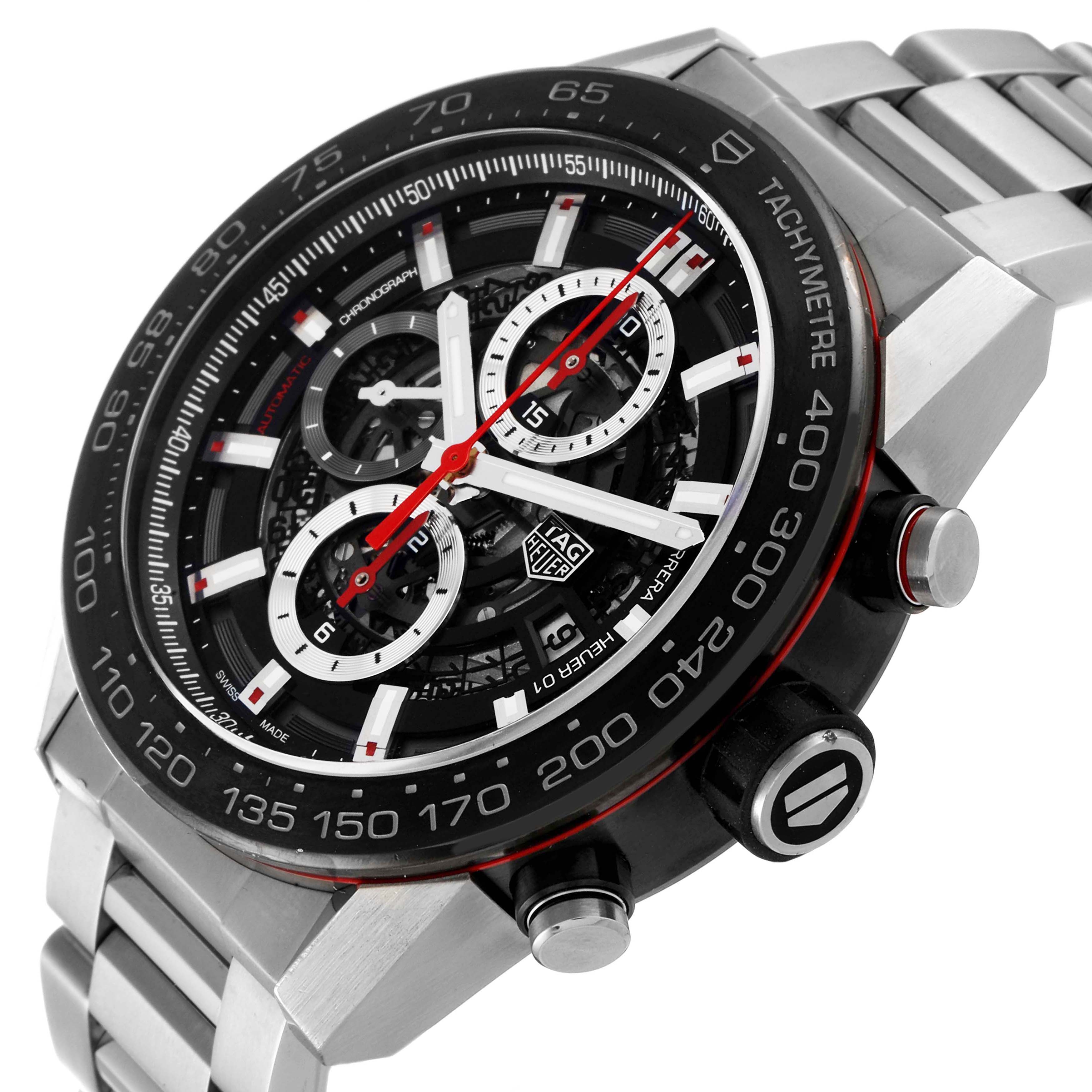 The Tag Heuer Carrera CAR2A1Z.FT6044 Men's Stainless Steel Black Dial CAR2A1Z.FT6044 Men's Stainless Steel Black Dial watch is shown at an angle highlighting its dial, tachymeter scale, and stainless steel bracelet.