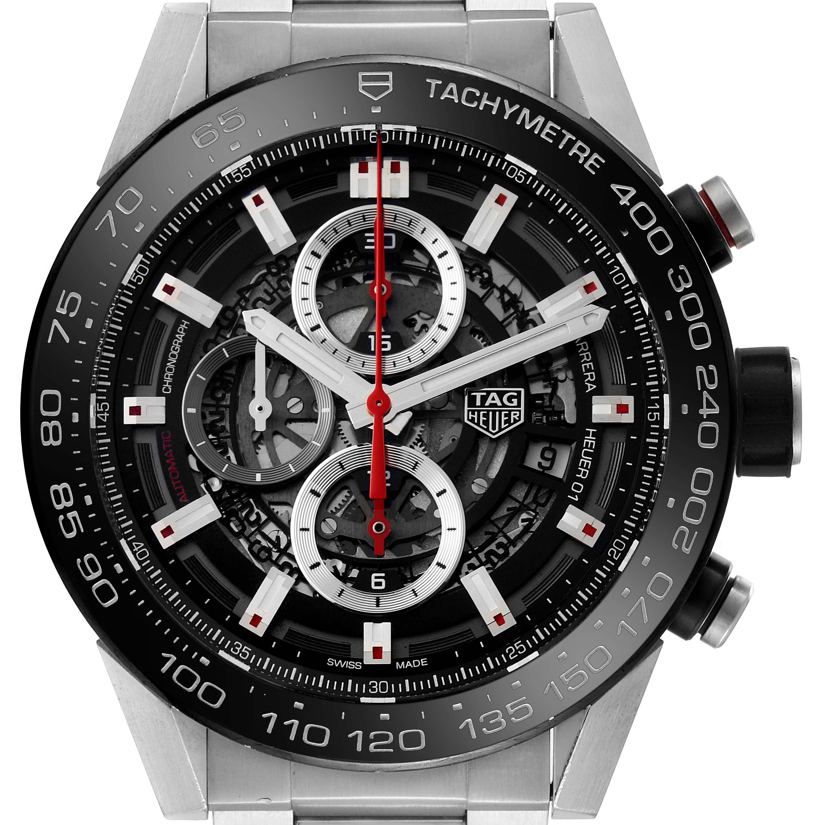 This image shows the face and bezel of a Tag Heuer Carrera CAR2A1Z.FT6044 Men's Stainless Steel Black Dial CAR2A1Z.FT6044 Men's Stainless Steel Black Dial watch at a straight-on angle.