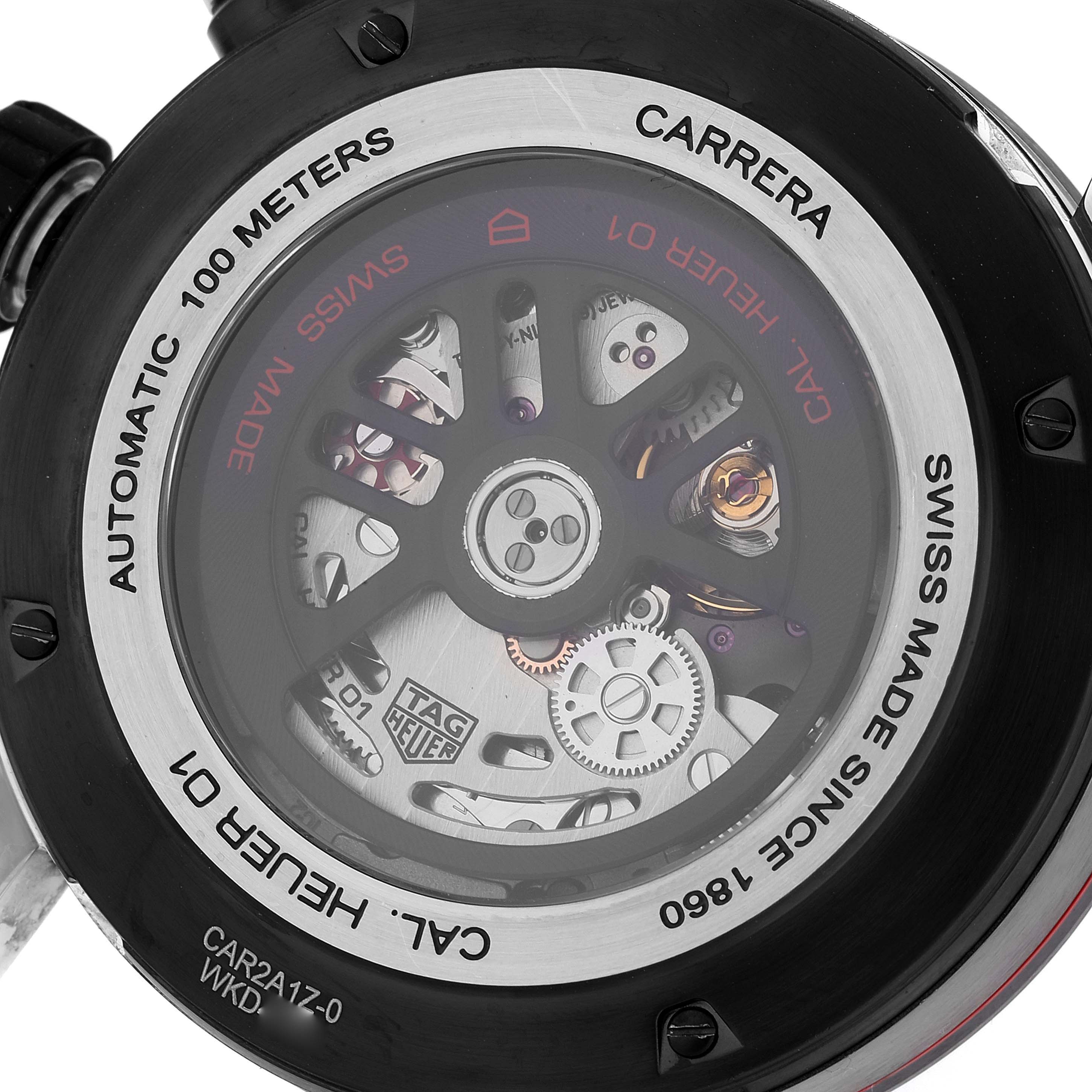 The image shows the back view of the Tag Heuer Carrera CAR2A1Z Men
s Stainless Steel Black Dial CAR2A1Z Men
s Stainless Steel Black Dial watch, highlighting its automatic movement and intricate inner mechanisms.