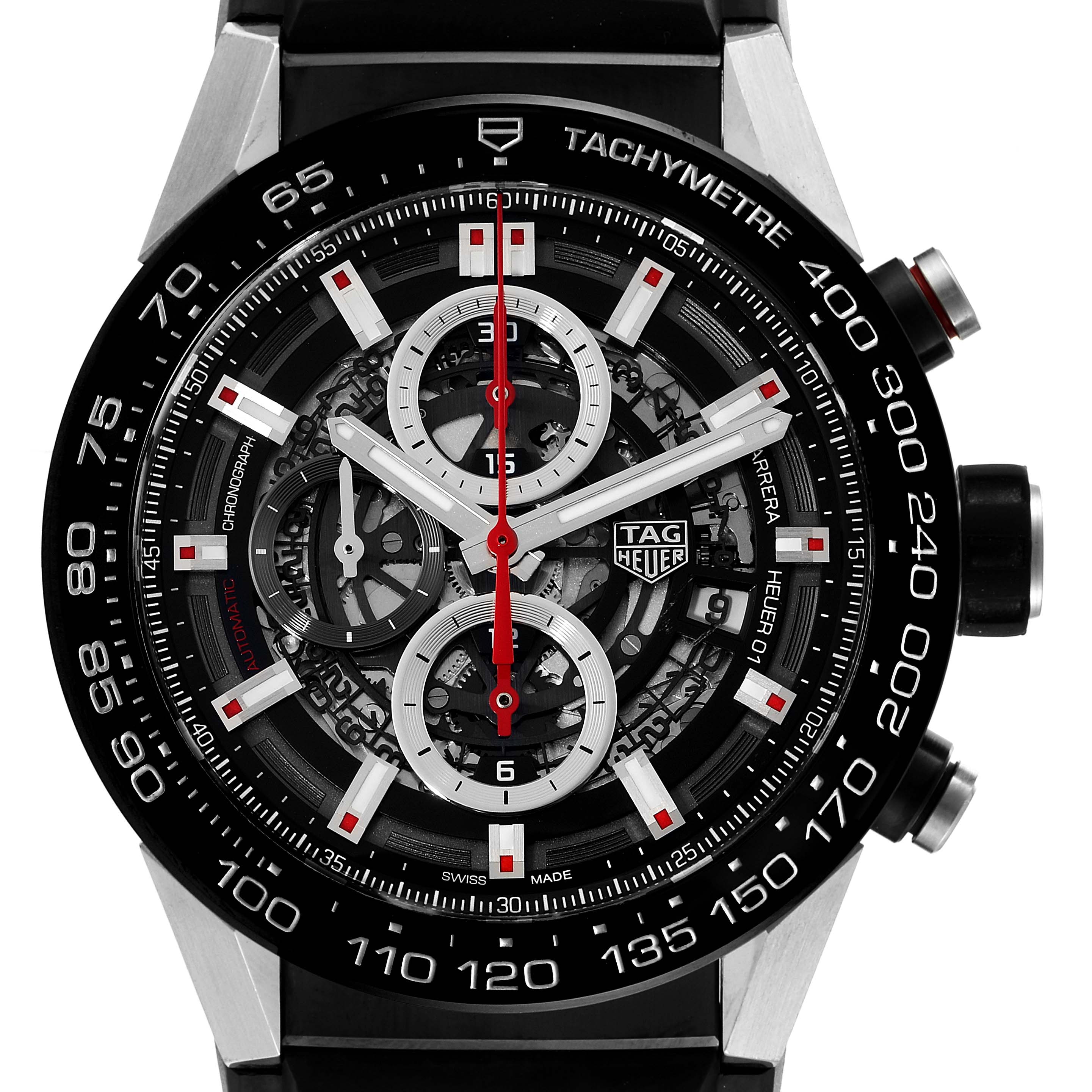 The image shows a front view of the Tag Heuer Carrera CAR2A1Z Men
s Stainless Steel Black Dial CAR2A1Z Men
s Stainless Steel Black Dial watch, highlighting the chronograph dial, tachymeter bezel, and pushers.
