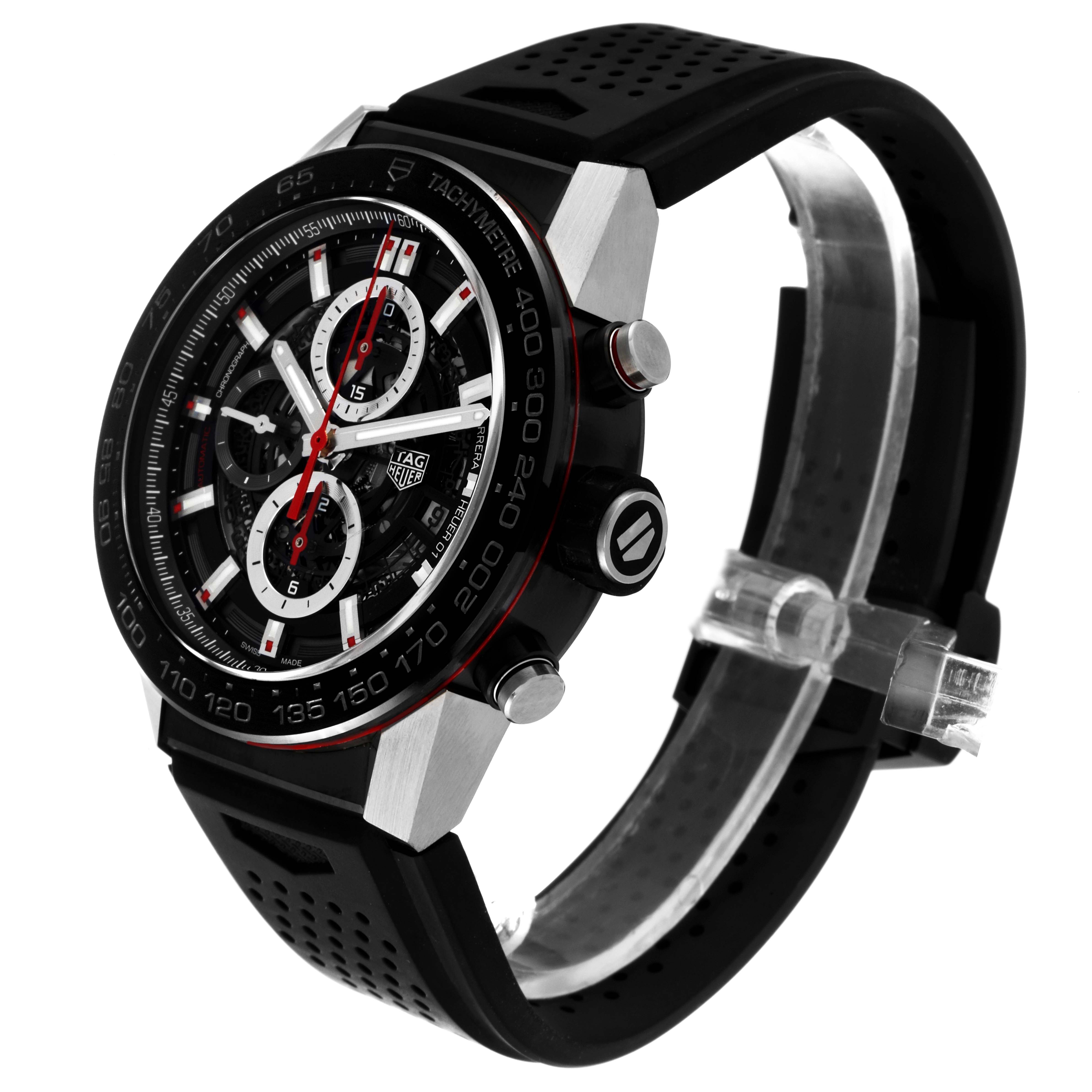 This image shows a side and angled front view of the Tag Heuer Carrera CAR2A1Z Men
s Stainless Steel Black Dial CAR2A1Z Men
s Stainless Steel Black Dial watch, highlighting its black strap and detailed dial.