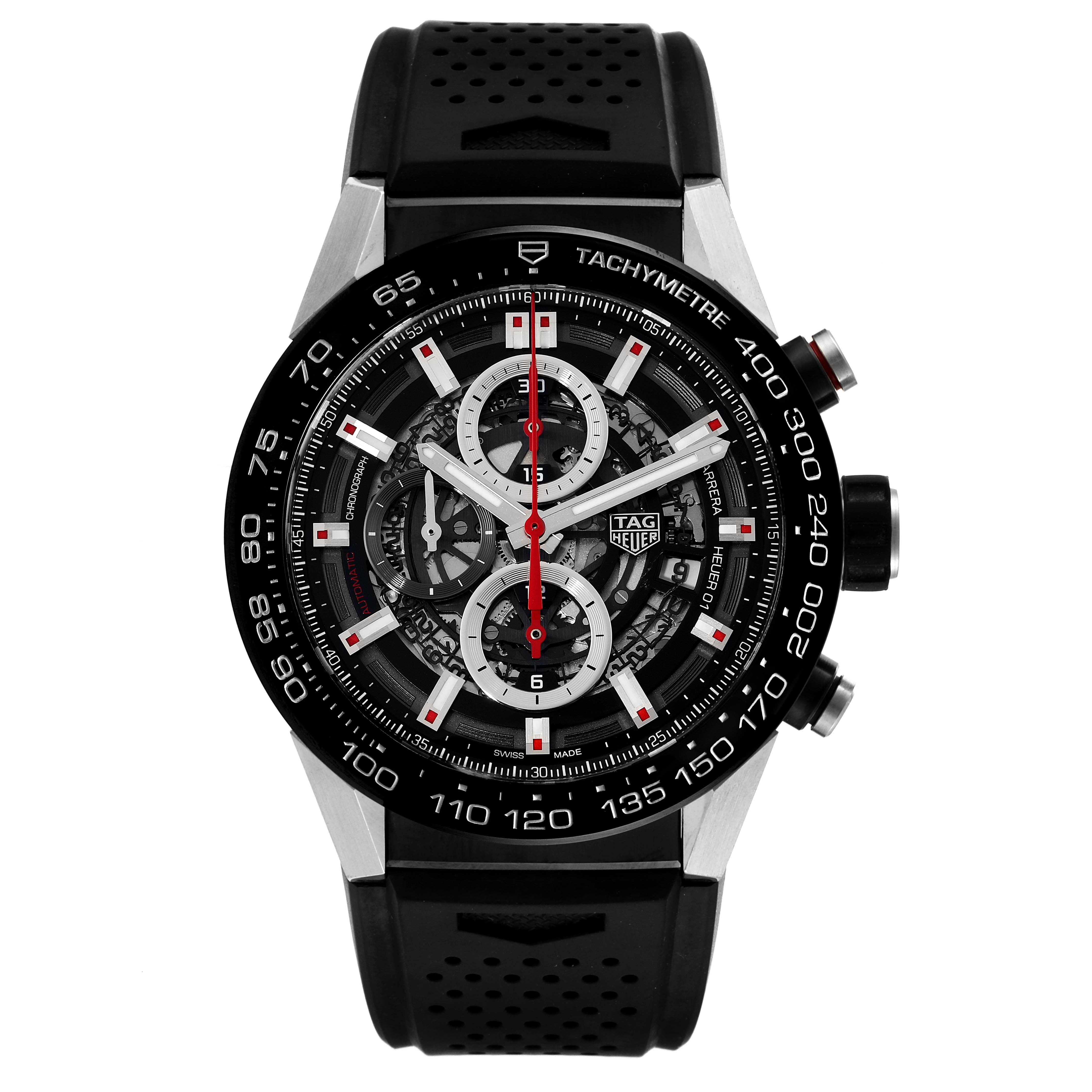 The image shows a frontal view of the Tag Heuer Carrera CAR2A1Z Men
s Stainless Steel Black Dial CAR2A1Z Men
s Stainless Steel Black Dial watch, highlighting the face, bezel, and band.