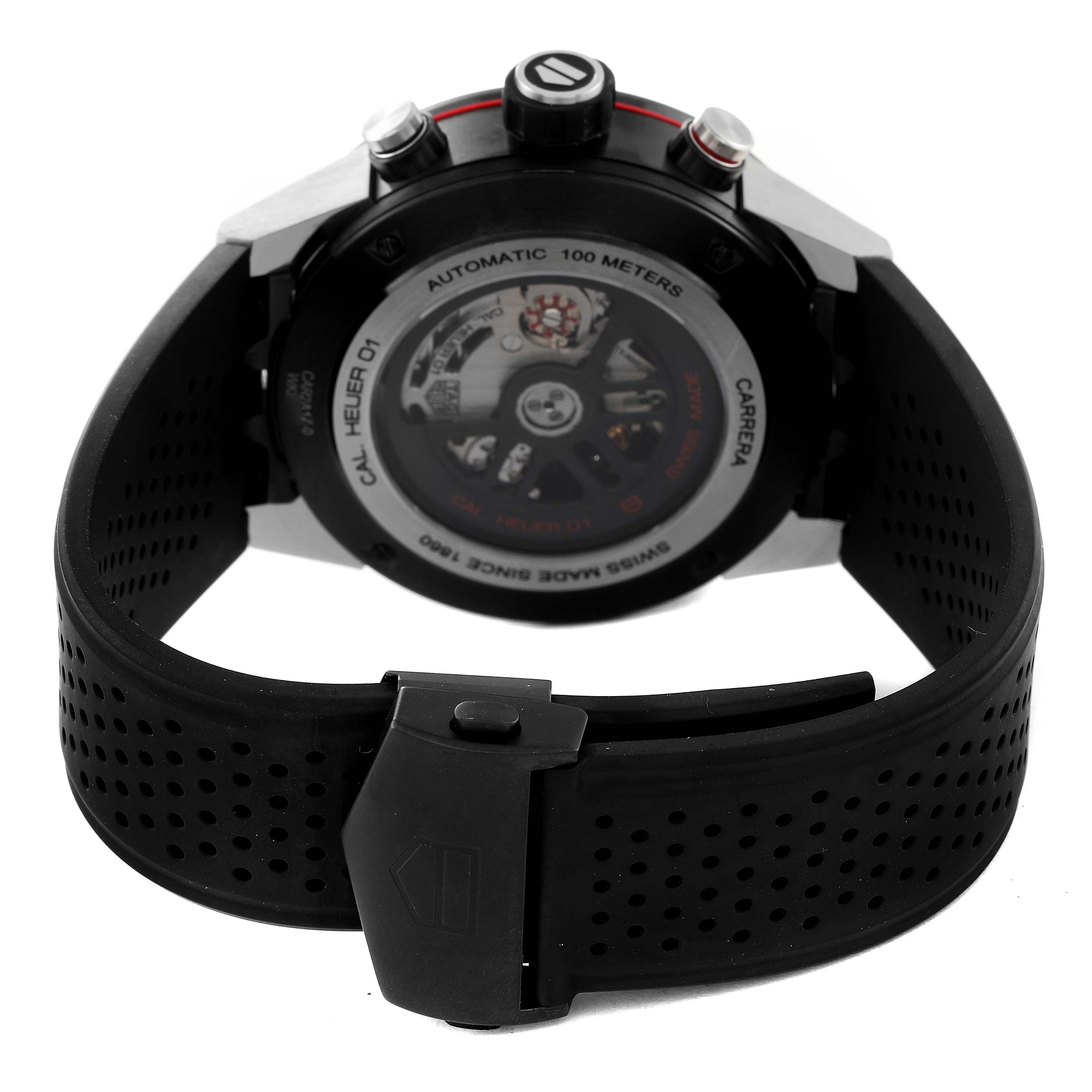 The image shows the back view of the Tag Heuer Carrera CAR2A1Z Men
s Stainless Steel Black Dial CAR2A1Z Men
s Stainless Steel Black Dial watch, highlighting the case, crown, and strap.