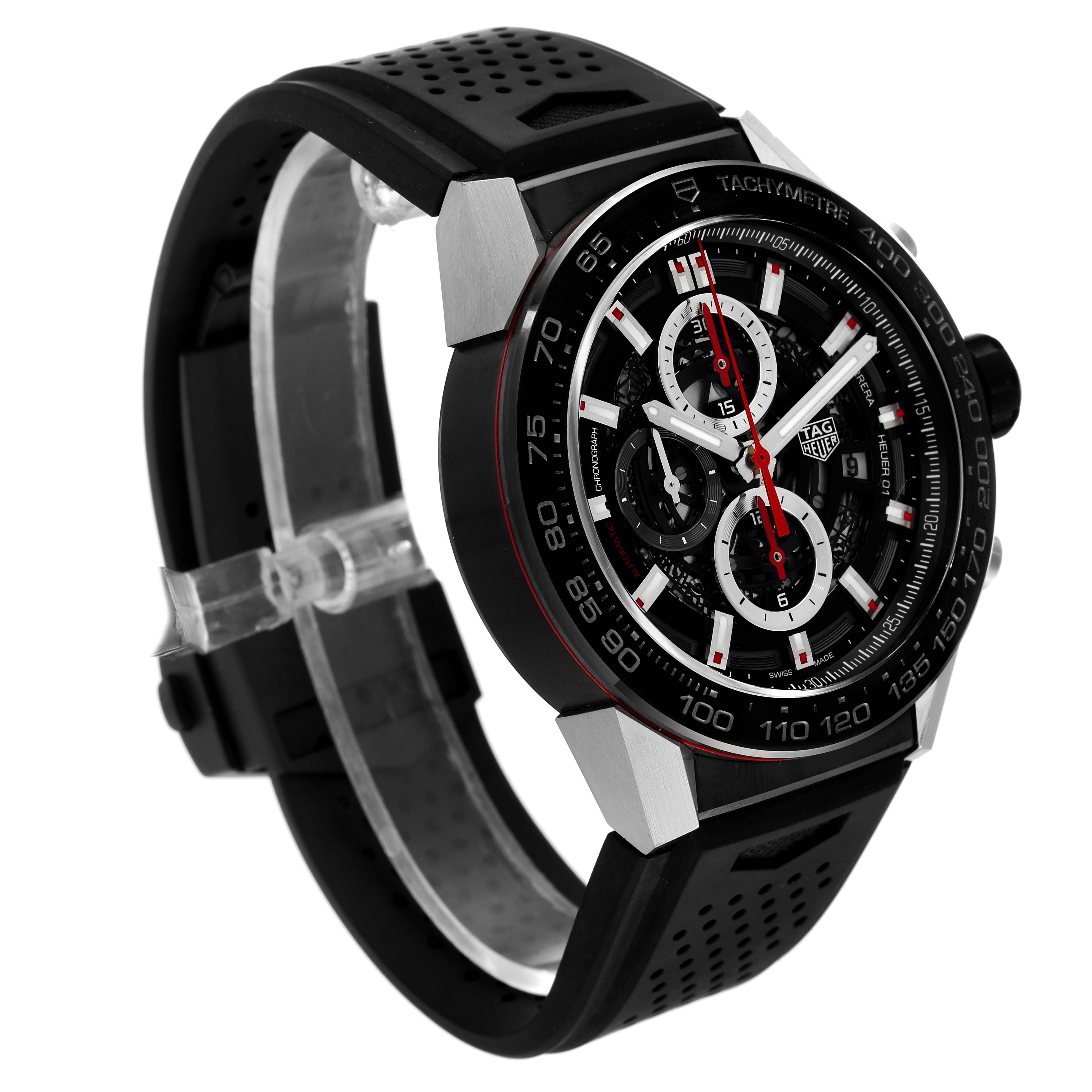 This image shows a side angle of a Tag Heuer Carrera CAR2A1Z Men
s Stainless Steel Black Dial CAR2A1Z Men
s Stainless Steel Black Dial watch, highlighting its dial, band, and tachymeter bezel.