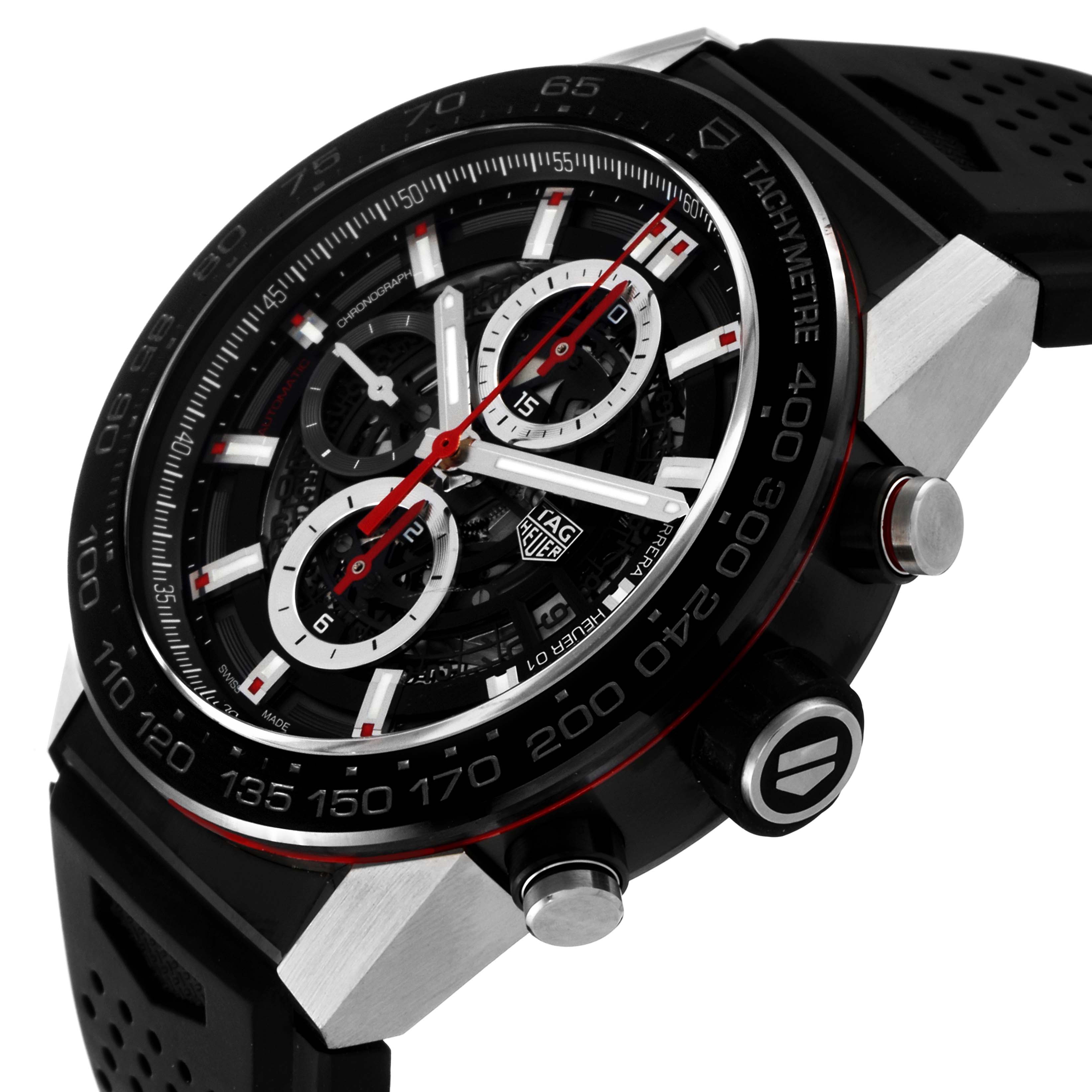 This image shows a close-up, angled view of a Tag Heuer Carrera CAR2A1Z Men
s Stainless Steel Black Dial CAR2A1Z Men
s Stainless Steel Black Dial watch, highlighting its face, dial, pushers, and band.