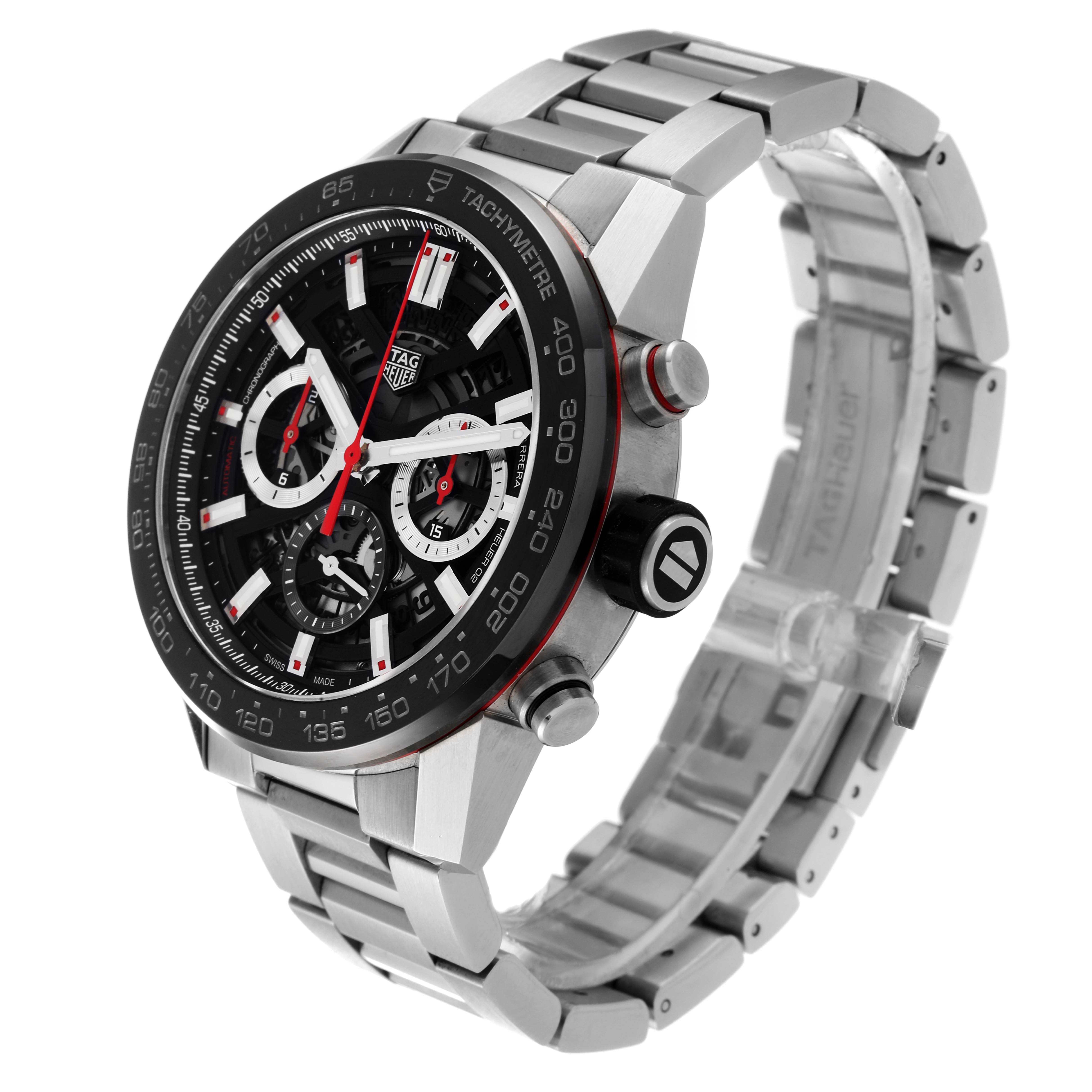 The image shows a Tag Heuer Carrera CBG2A10.BA0654 Men's Stainless Steel Black Dial CBG2A10.BA0654 Men's Stainless Steel Black Dial watch at a three-quarter angle, highlighting the dial and stainless steel bracelet.