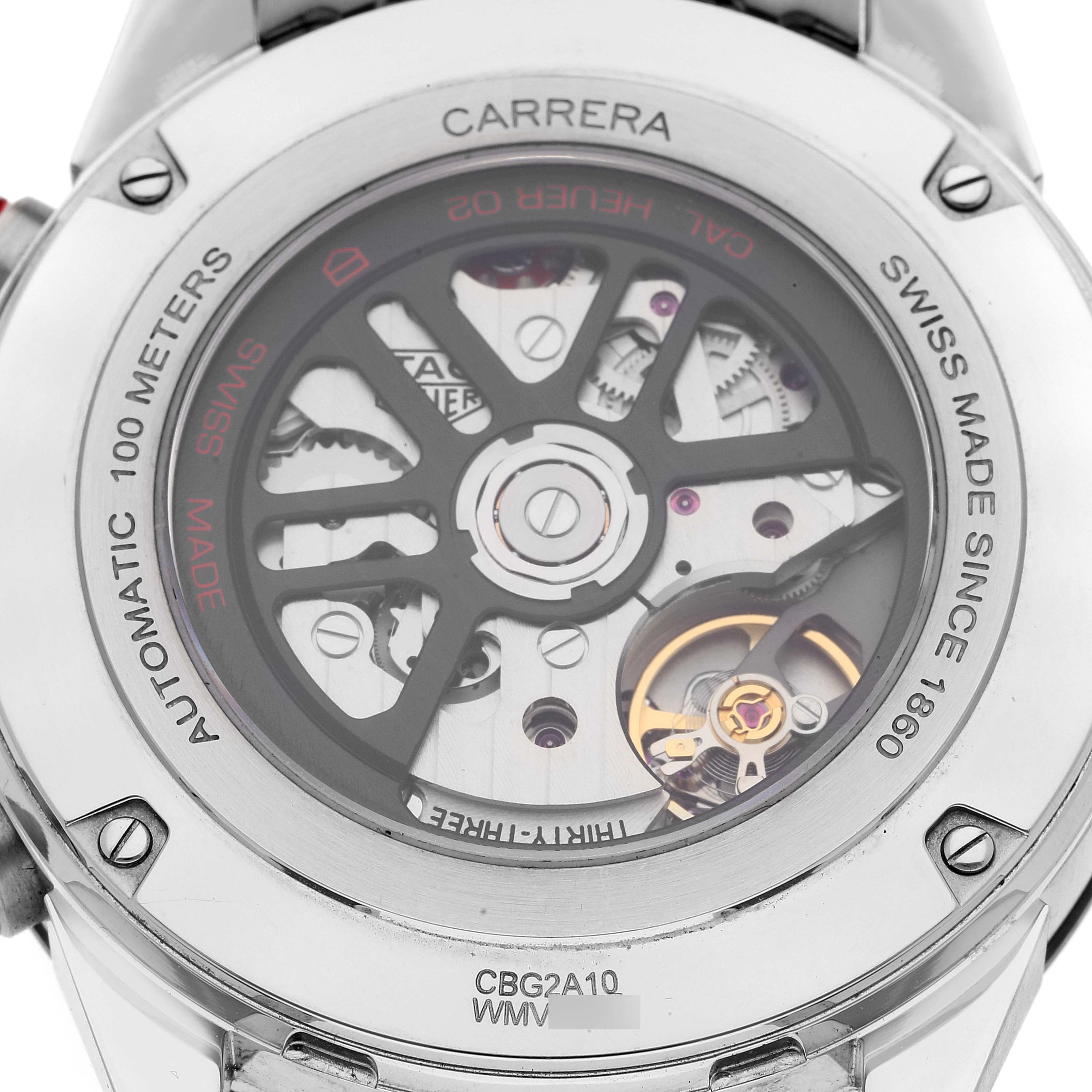 The image shows the back of a Tag Heuer Carrera CBG2A10.BA0654 Men's Stainless Steel Black Dial CBG2A10.BA0654 Men's Stainless Steel Black Dial watch, highlighting its automatic movement and intricate inner mechanisms.